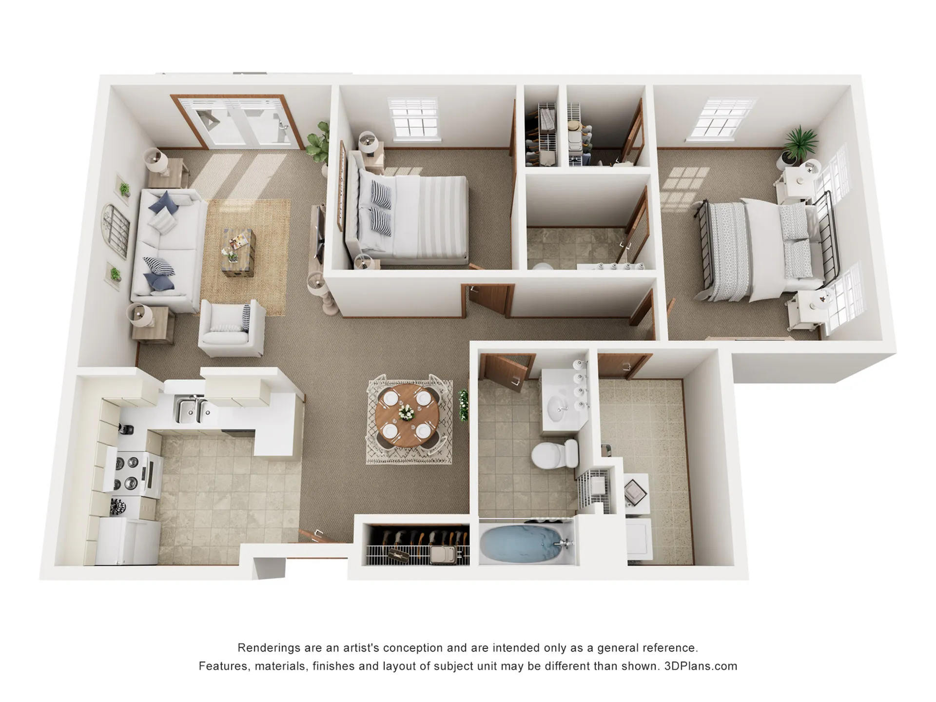 Elegant 3D floor plan showing 2 bedrooms, a chic living area, and a modern kitchen.
