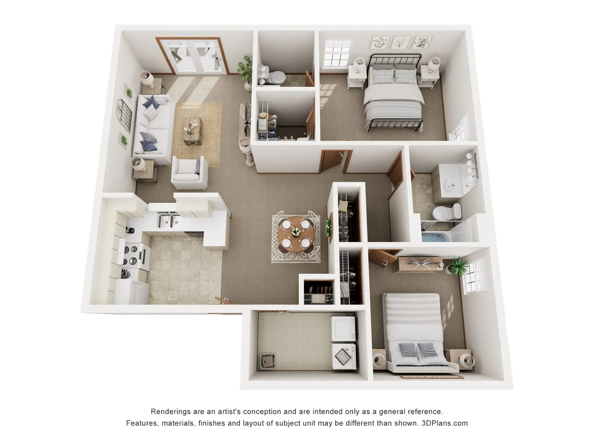 3D floor plan of a contemporary apartment with two bedrooms, open living and dining area, and a modern kitchen.