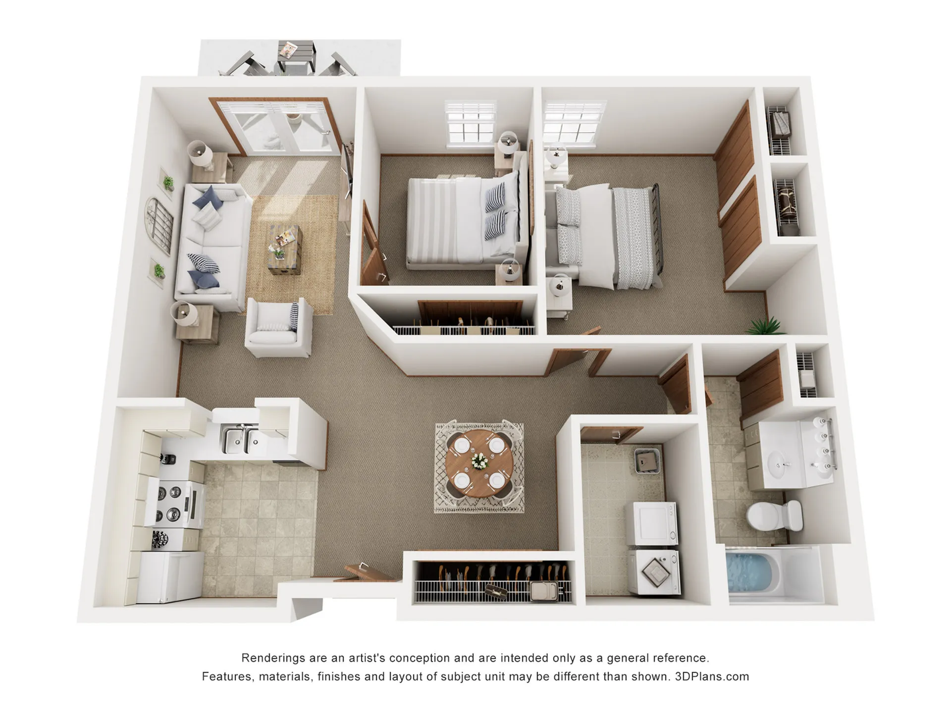 3D floor plan showcasing a 1-bedroom apartment with an open kitchen and cozy living area, including a balcony and a full bathroom.