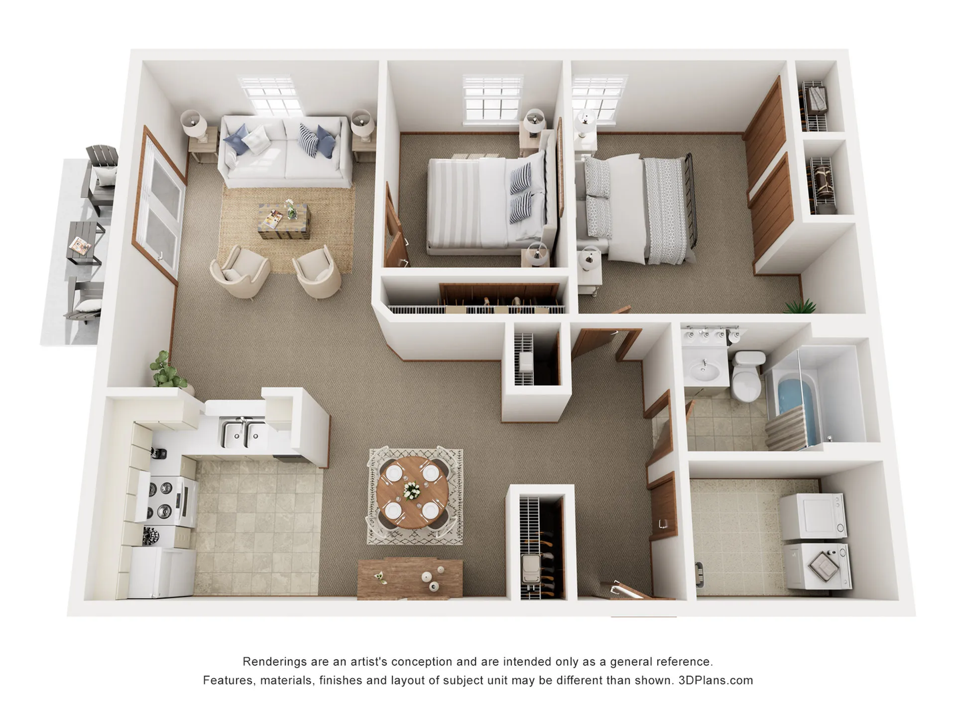 Stylish 3D floor plan featuring 2 bedrooms, an inviting living area, and modern kitchen.