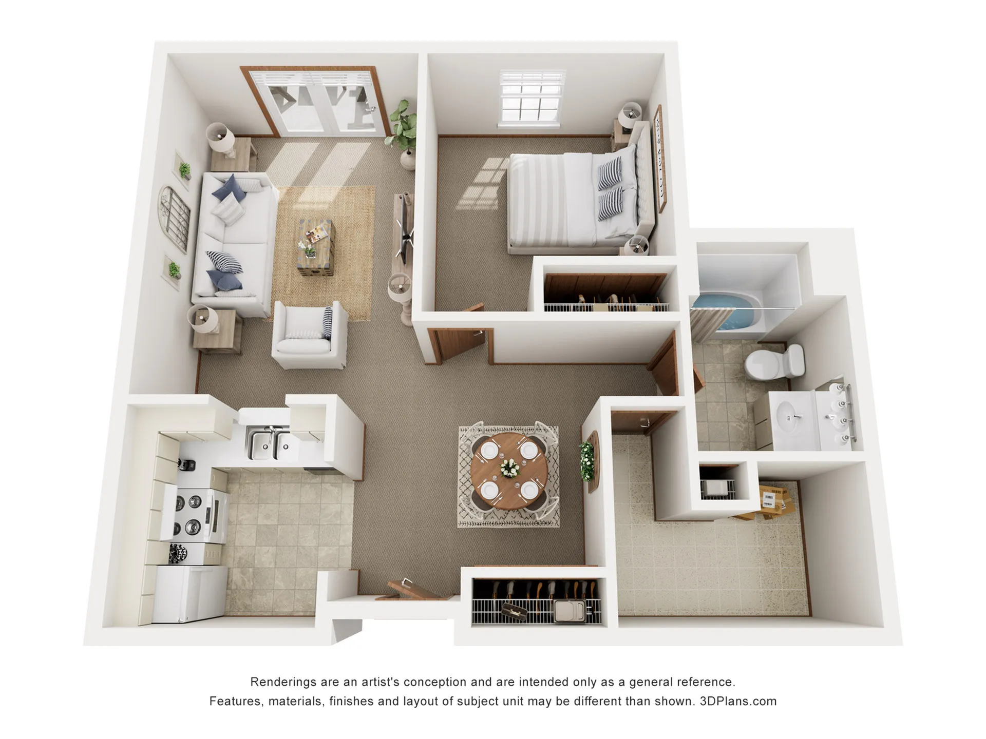 3D floor plan featuring 1 bedroom, an inviting living area, a modern kitchen, and a spacious bathroom.