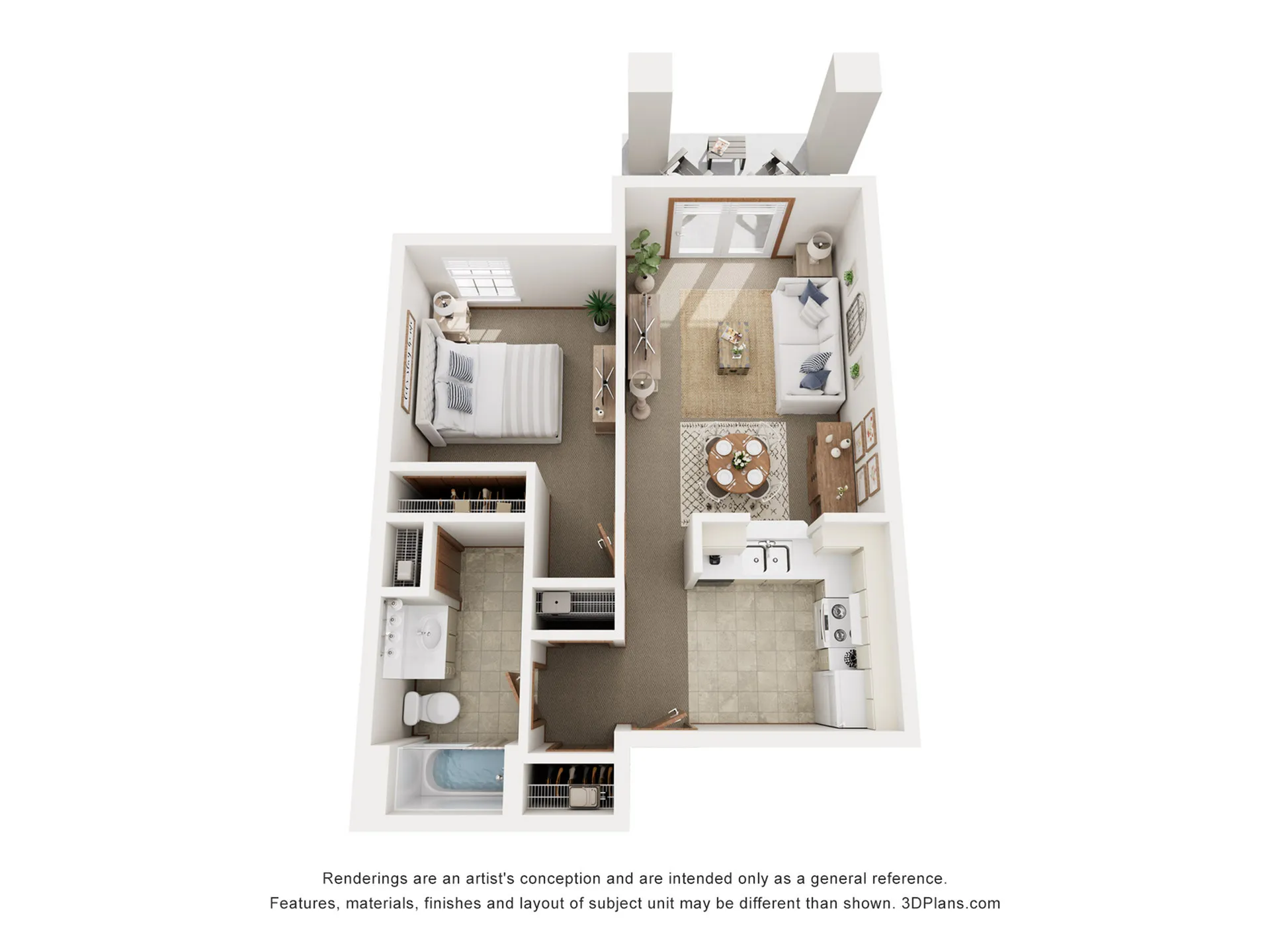 Elegant 3D floor plan of a one-bedroom apartment with a cozy living area and modern kitchen.