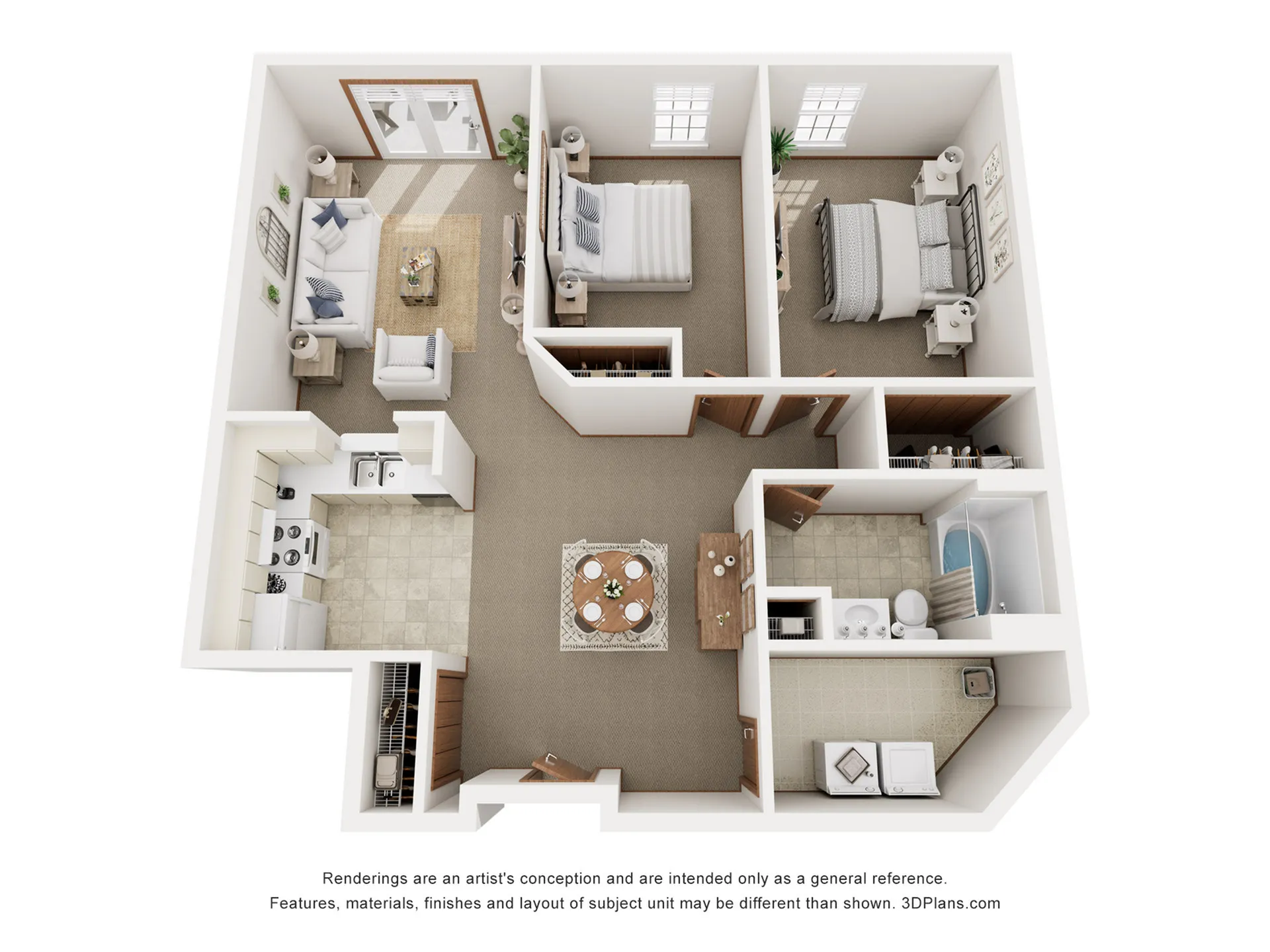 Charming 3D floor plan showcasing 2 bedrooms, open living area, modern kitchen, and cozy dining space.
