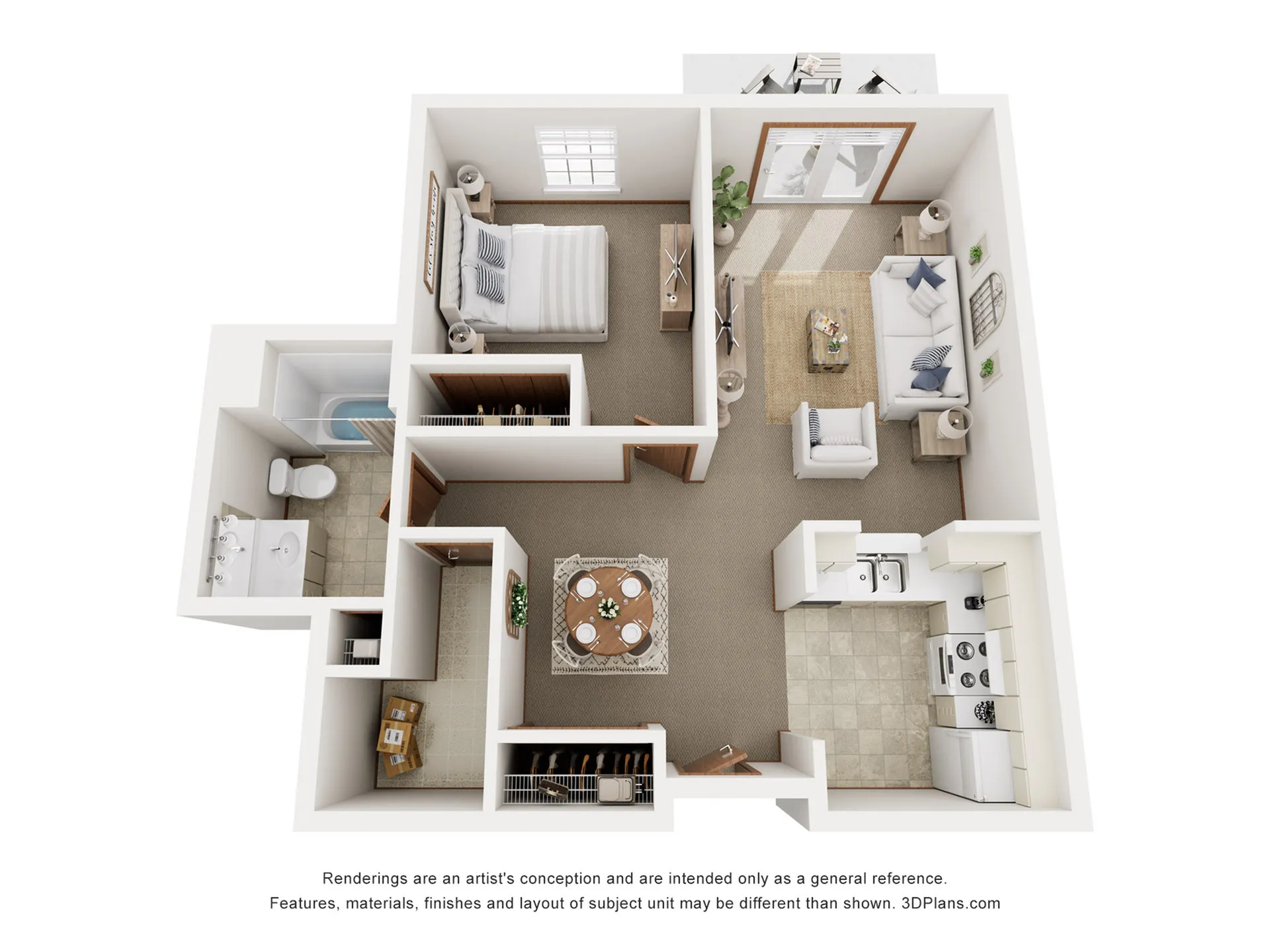 Chic 3D floor plan featuring a cozy bedroom, modern living room, and fully-equipped kitchen.