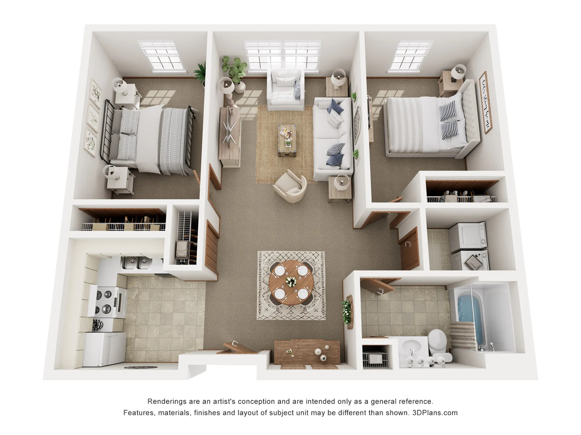 Elegant 3D apartment floor plan showcasing two bedrooms, a cozy living room, a modern kitchen, and a stylish bathroom.