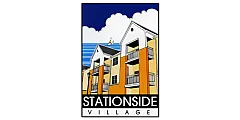 Colorful illustration of Stationside Village apartment complex with balconies under a blue sky