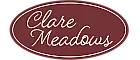 Elegant Clare Meadows logo featuring a stylish script font within an oval maroon background.