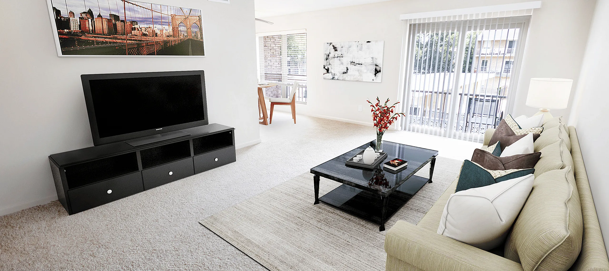 Living room in 1-bedroom unit at Woodmere Apartments