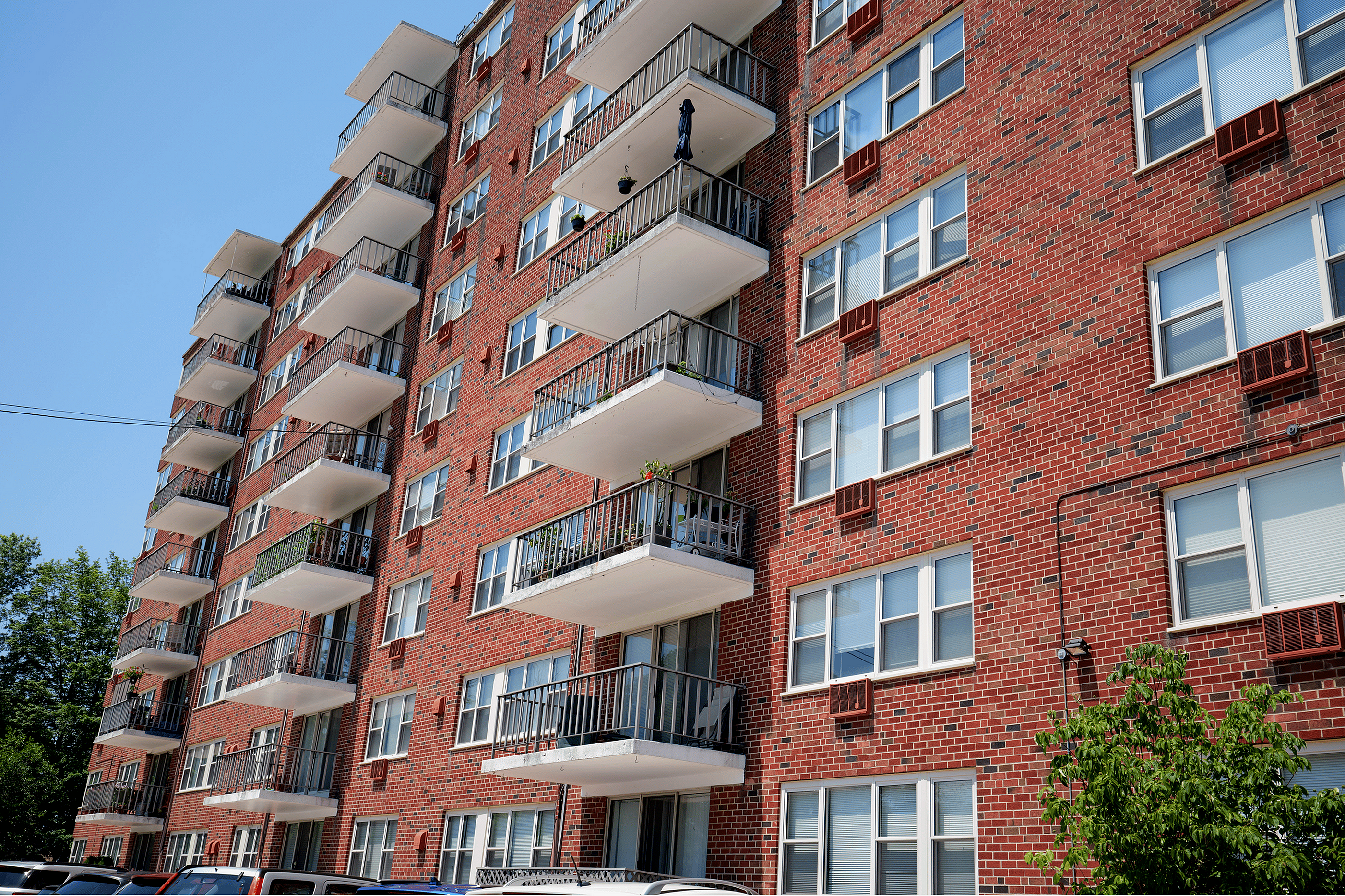 Spacious balconies overlooking landscaped grounds at a 55+ apartment complex on the Main Line in Philadelphia.