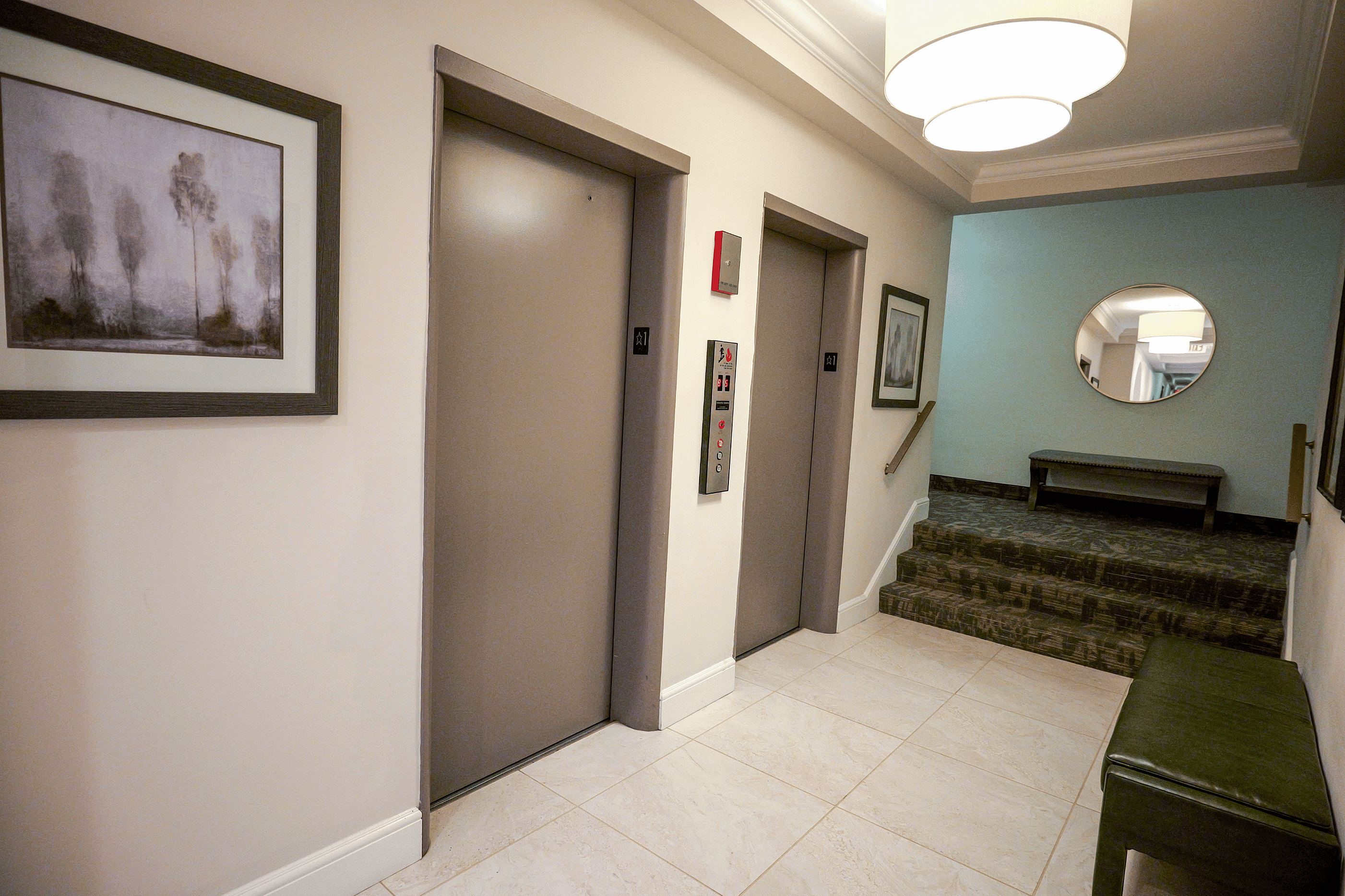 Elevator-accessible building at a 55+ apartment community on the Main Line in Philadelphia.