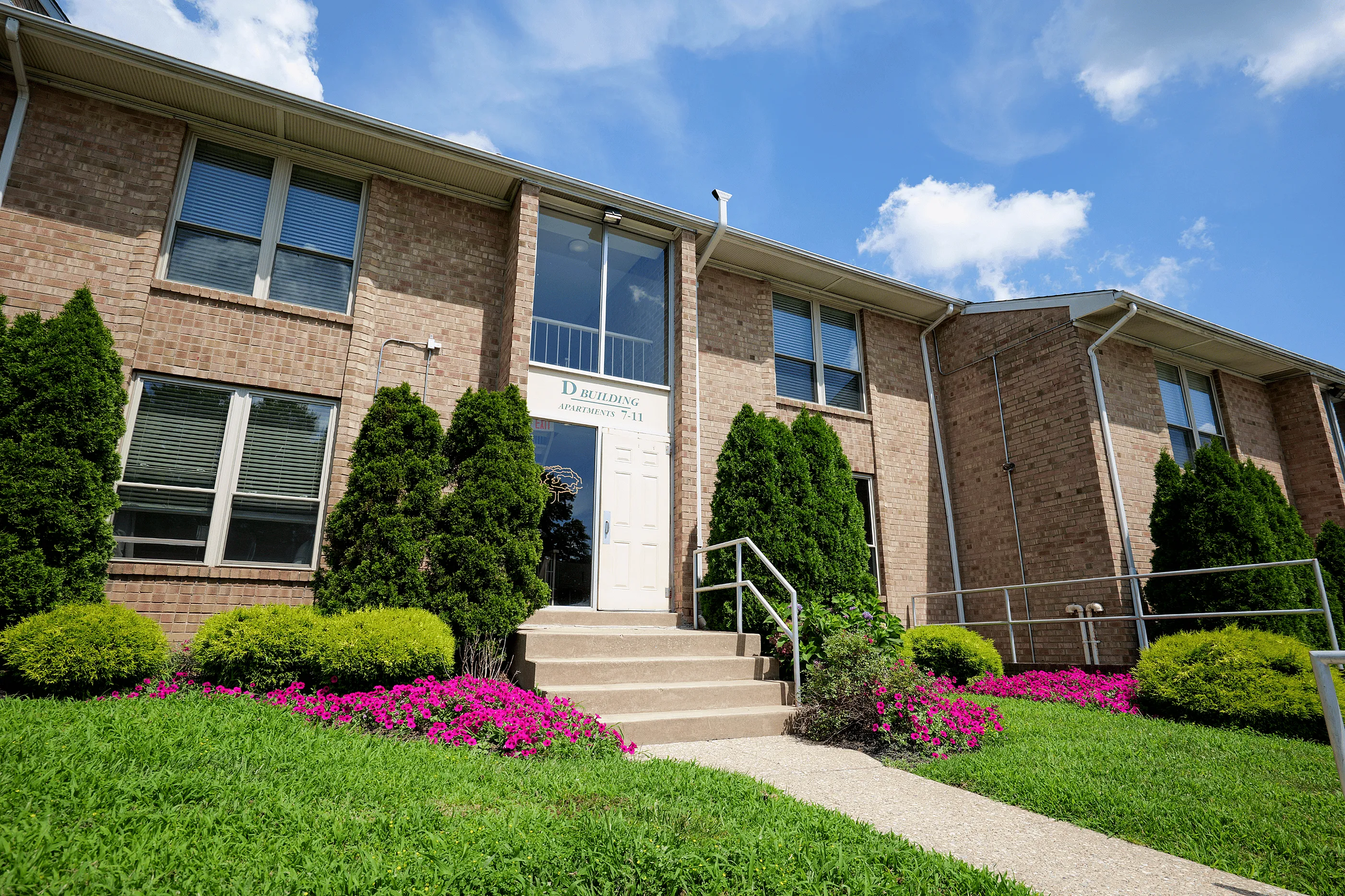 Exterior view of Woodmere Apartments buildings in Roxborough, PA