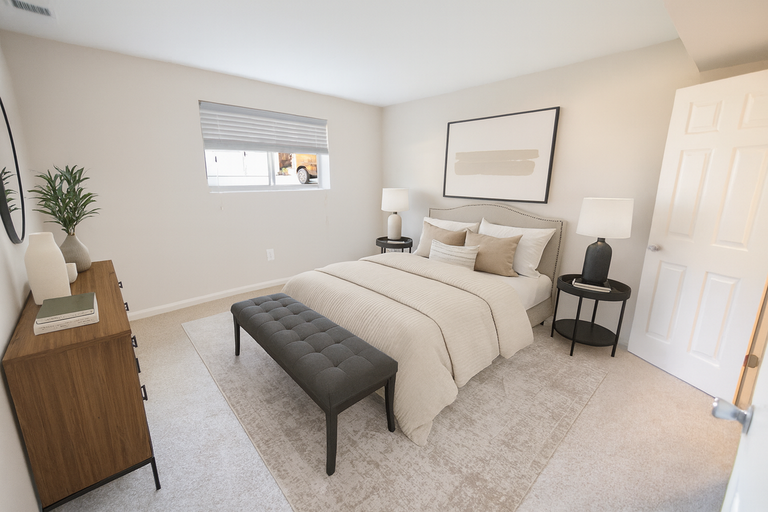 Bright and cozy bedroom with a stylish design featuring neutral tones, plush bedding, modern artwork, and elegant decor.