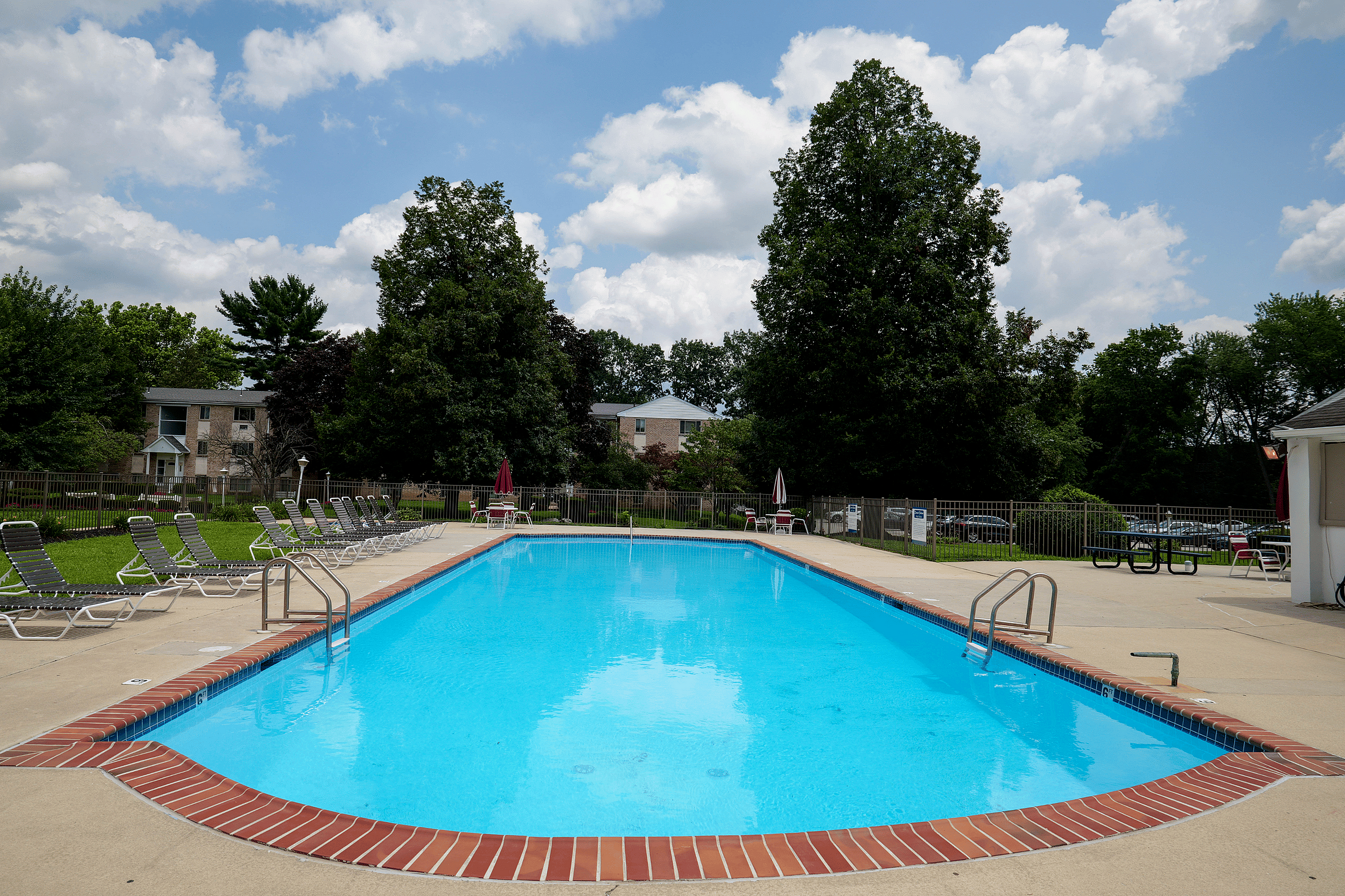 Inviting outdoor pool surrounded by lush greenery and comfortable loungers, perfect for relaxation and social gatherings.