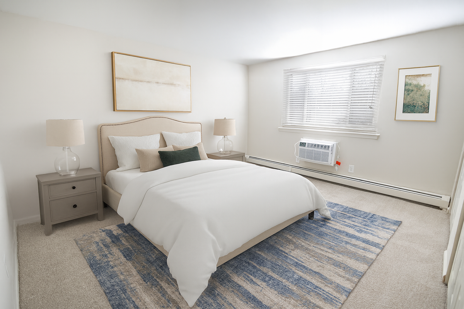 Bright and cozy bedroom with elegant decor, featuring a plush bed, stylish lamps, and a serene ambiance.