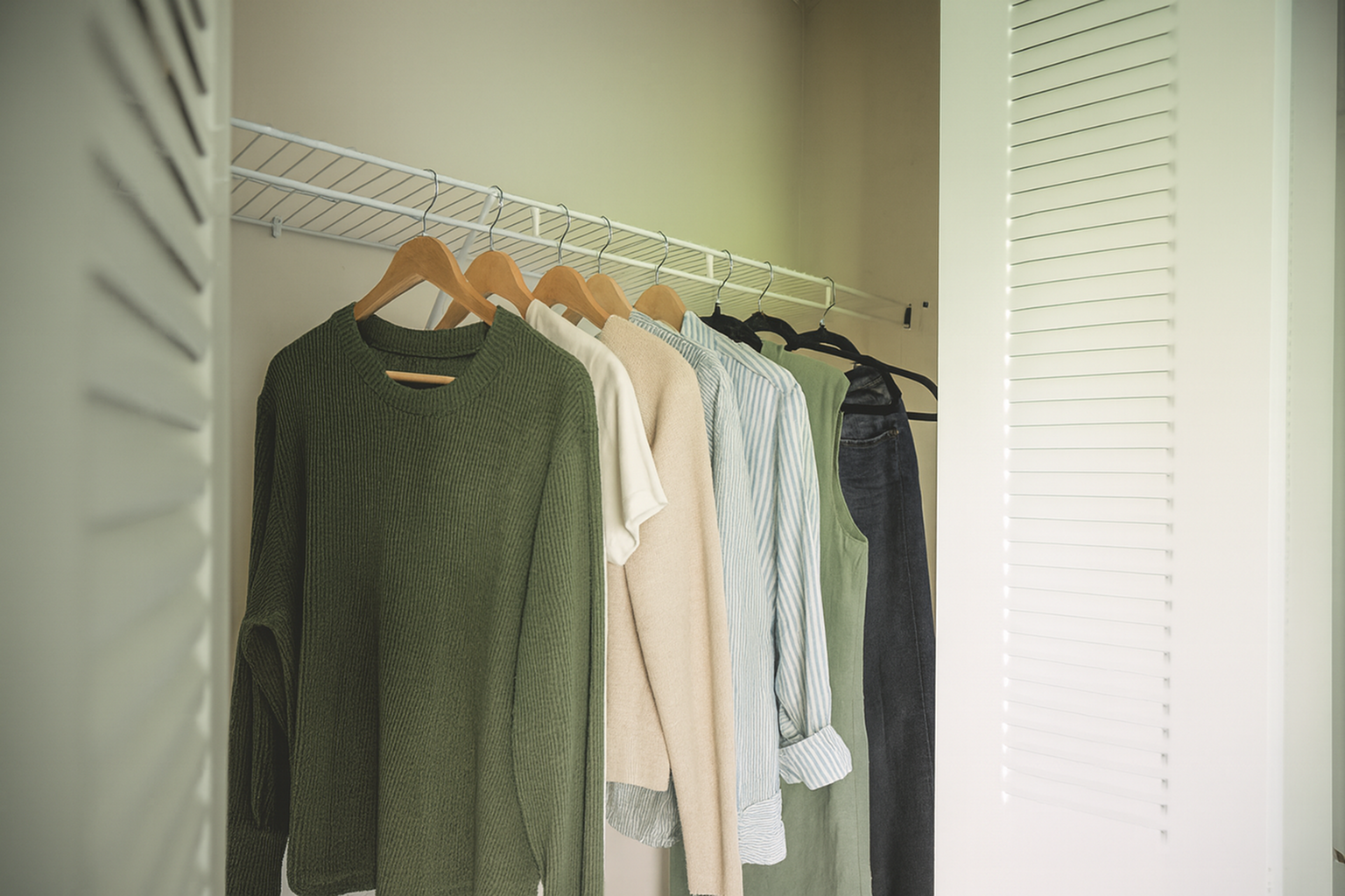 Elegant open closet with a stylish assortment of clothing on wooden hangers, highlighting a well-organized wardrobe space.