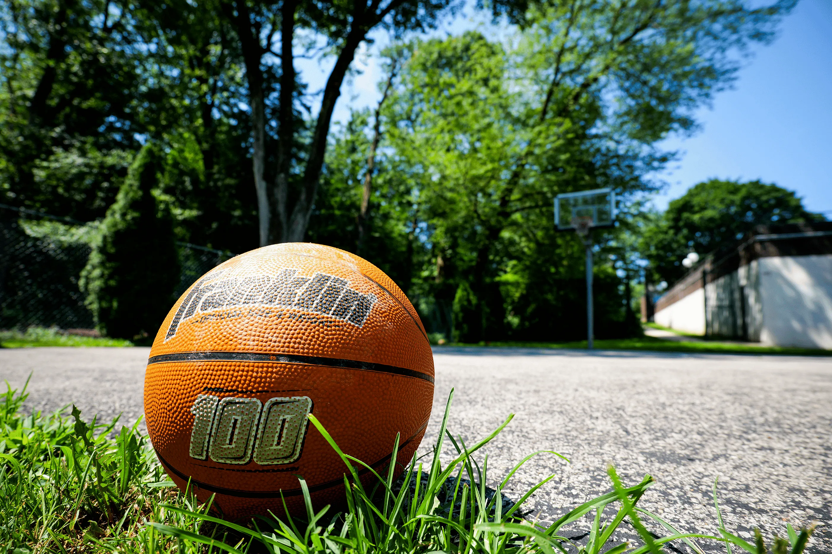 Inviting outdoor basketball court bordered by lush greenery, featuring a vibrant orange basketball resting near the hoop.