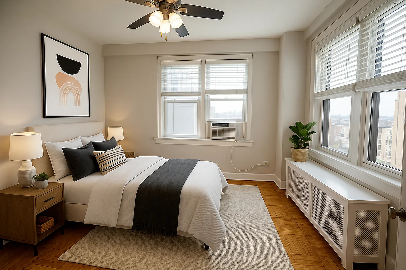 Bright and cozy bedroom with modern decor, featuring large windows, an elegant bed with plush pillows, and stylish wall art.