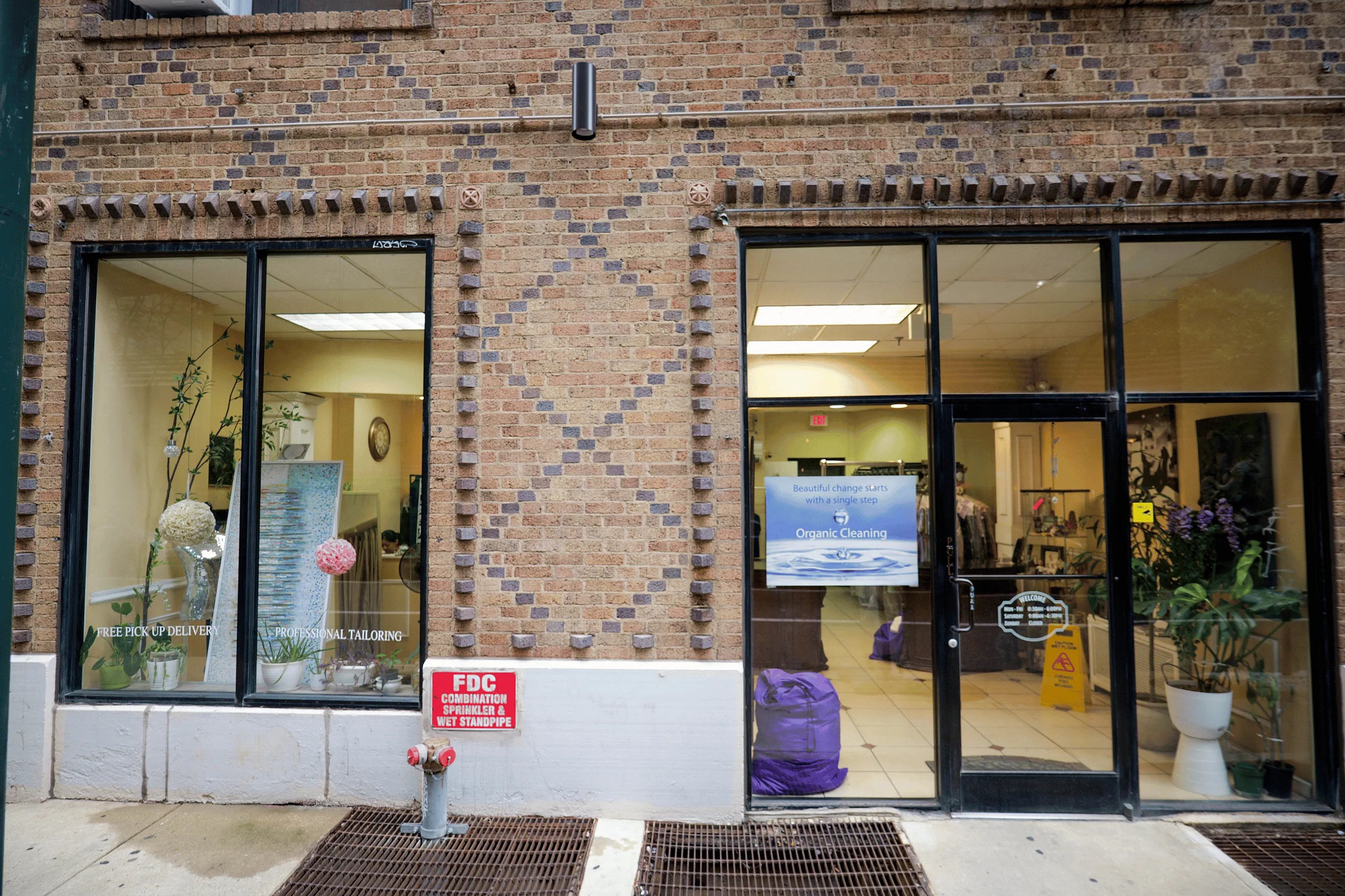 Charming brick storefront featuring large windows, organic cleaning services, and stylish potted plants, inviting a refreshing urban experience.