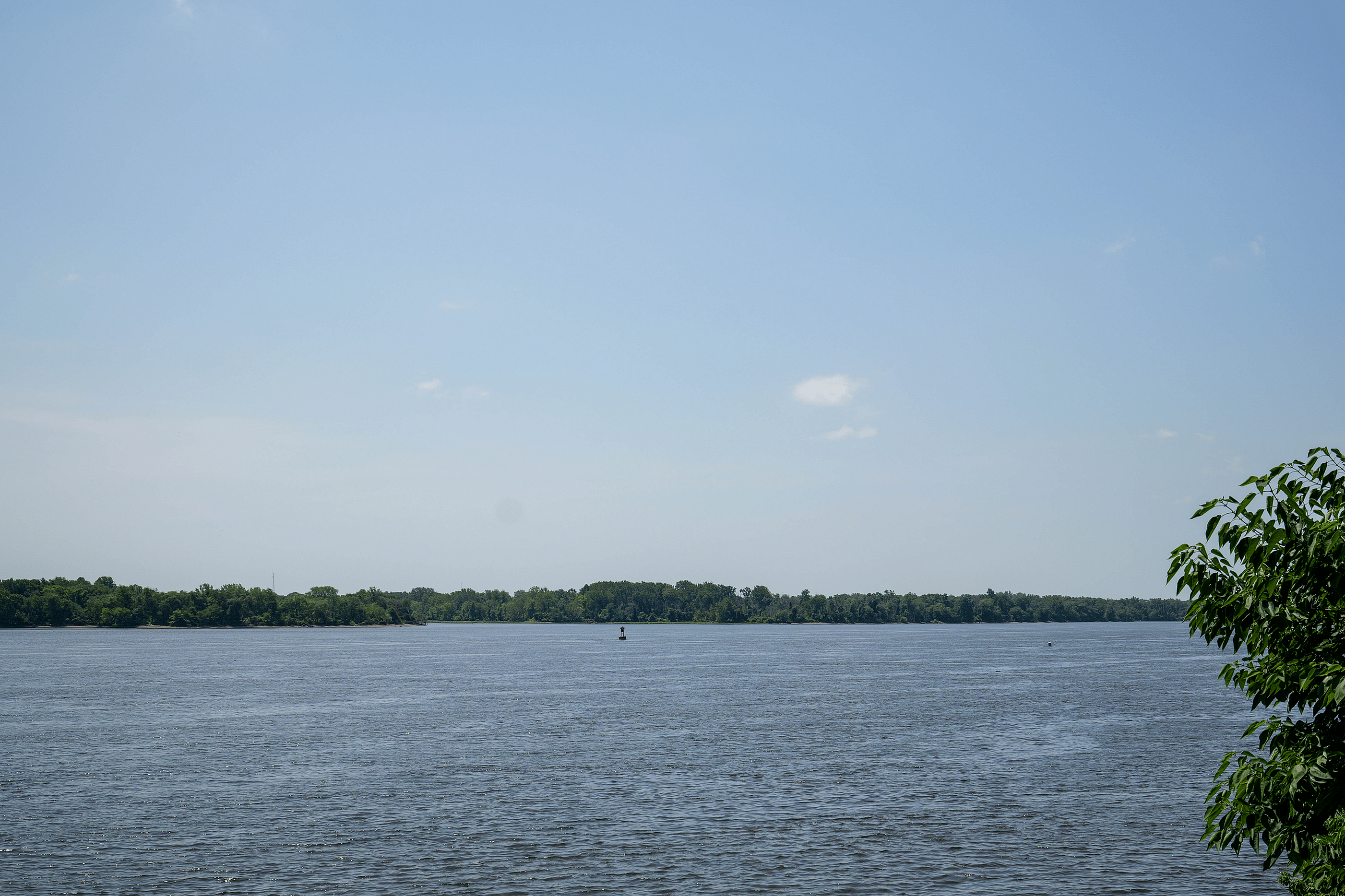 Serene riverside view showcasing expansive water, lush green banks, and a clear blue sky, ideal for a tranquil living experience.