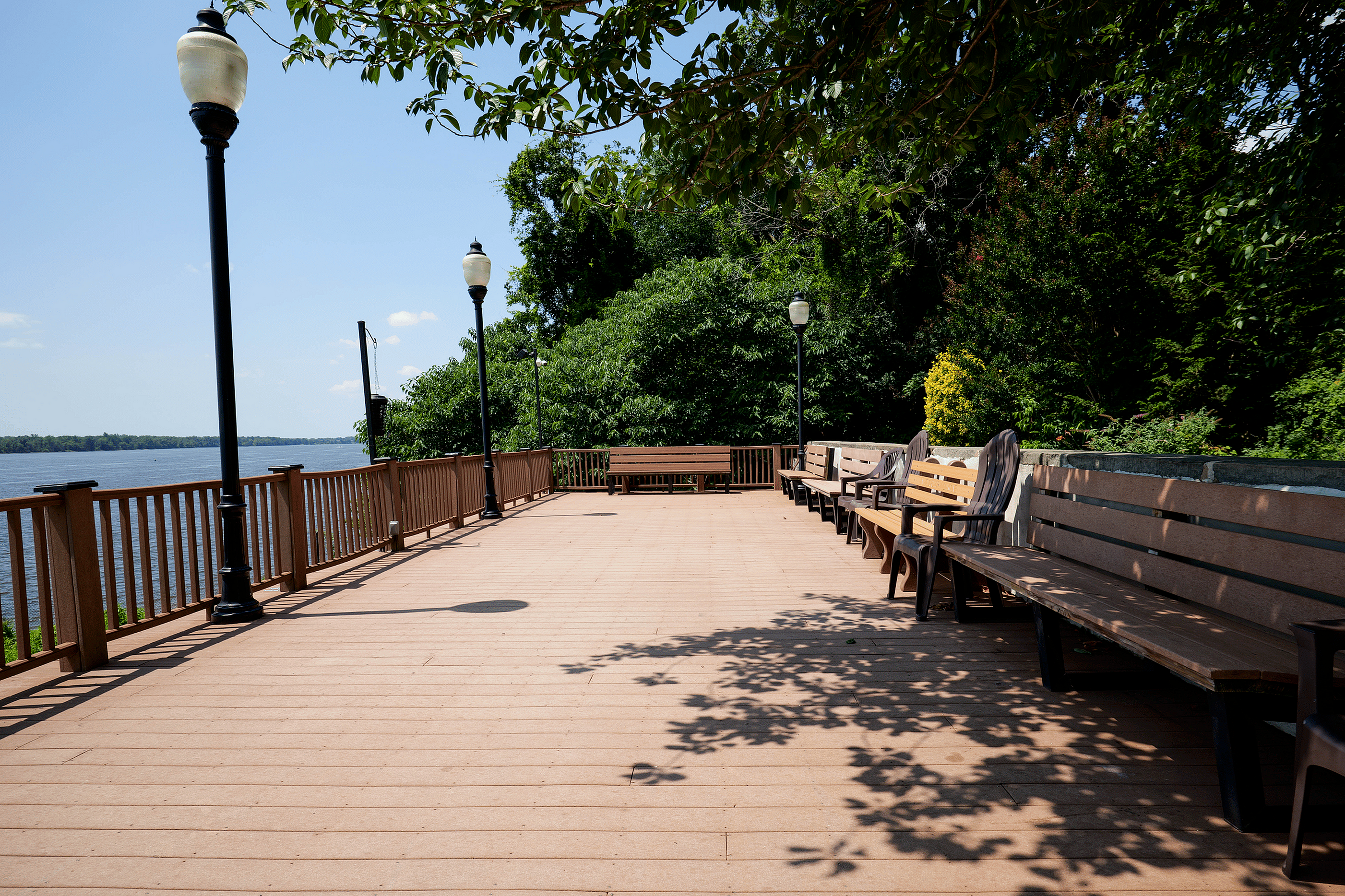 Scenic riverside boardwalk with wooden benches and classic lampposts, surrounded by lush greenery under a clear blue sky.