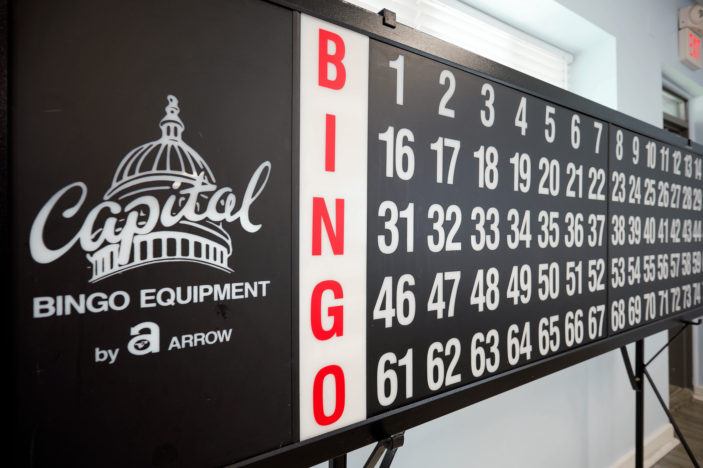 Classic bingo board with bold numbers and Capital Bingo Equipment branding.