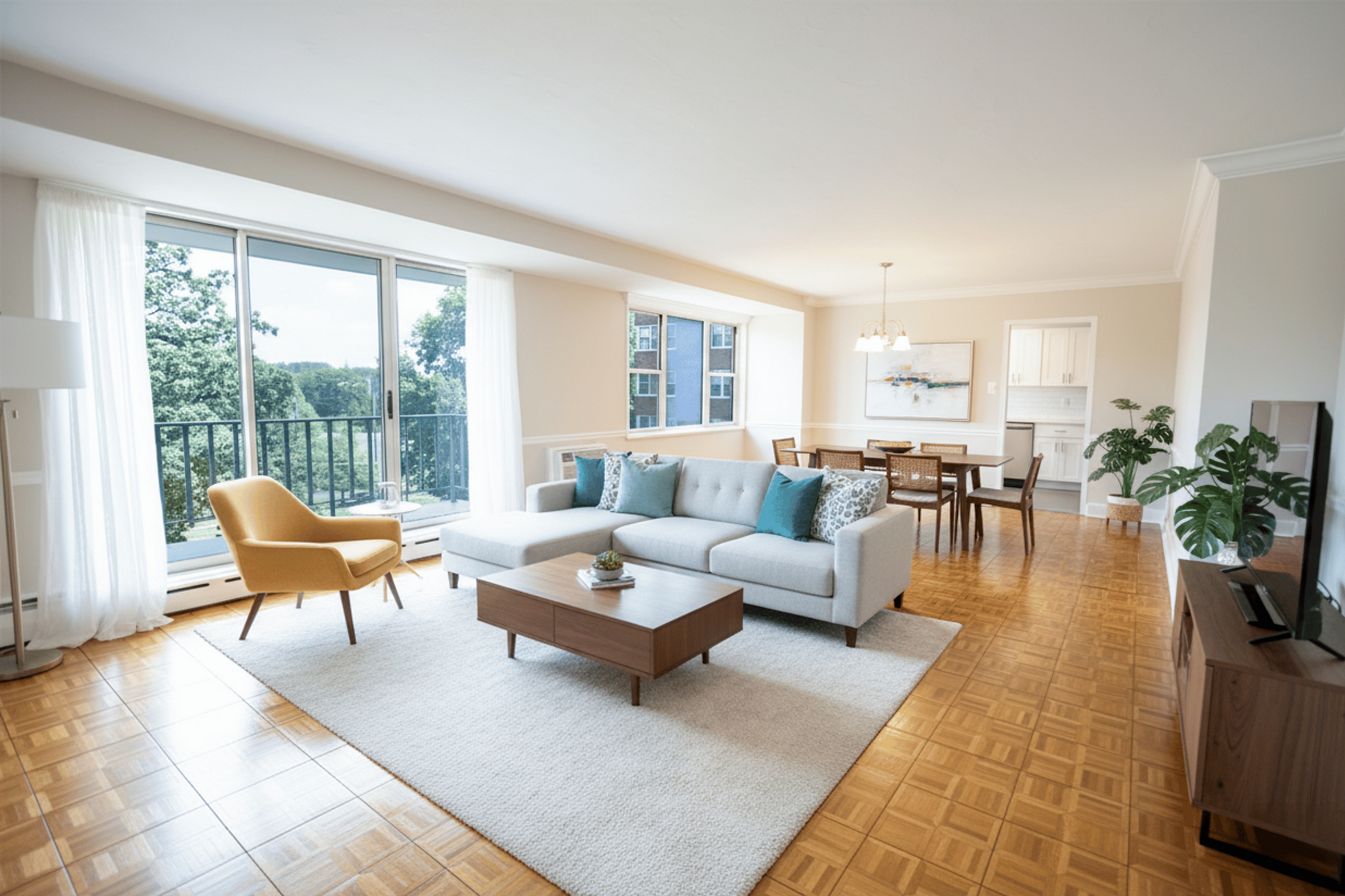 Bright and spacious living room with modern furniture, large windows, and a cozy dining area, perfect for entertaining.