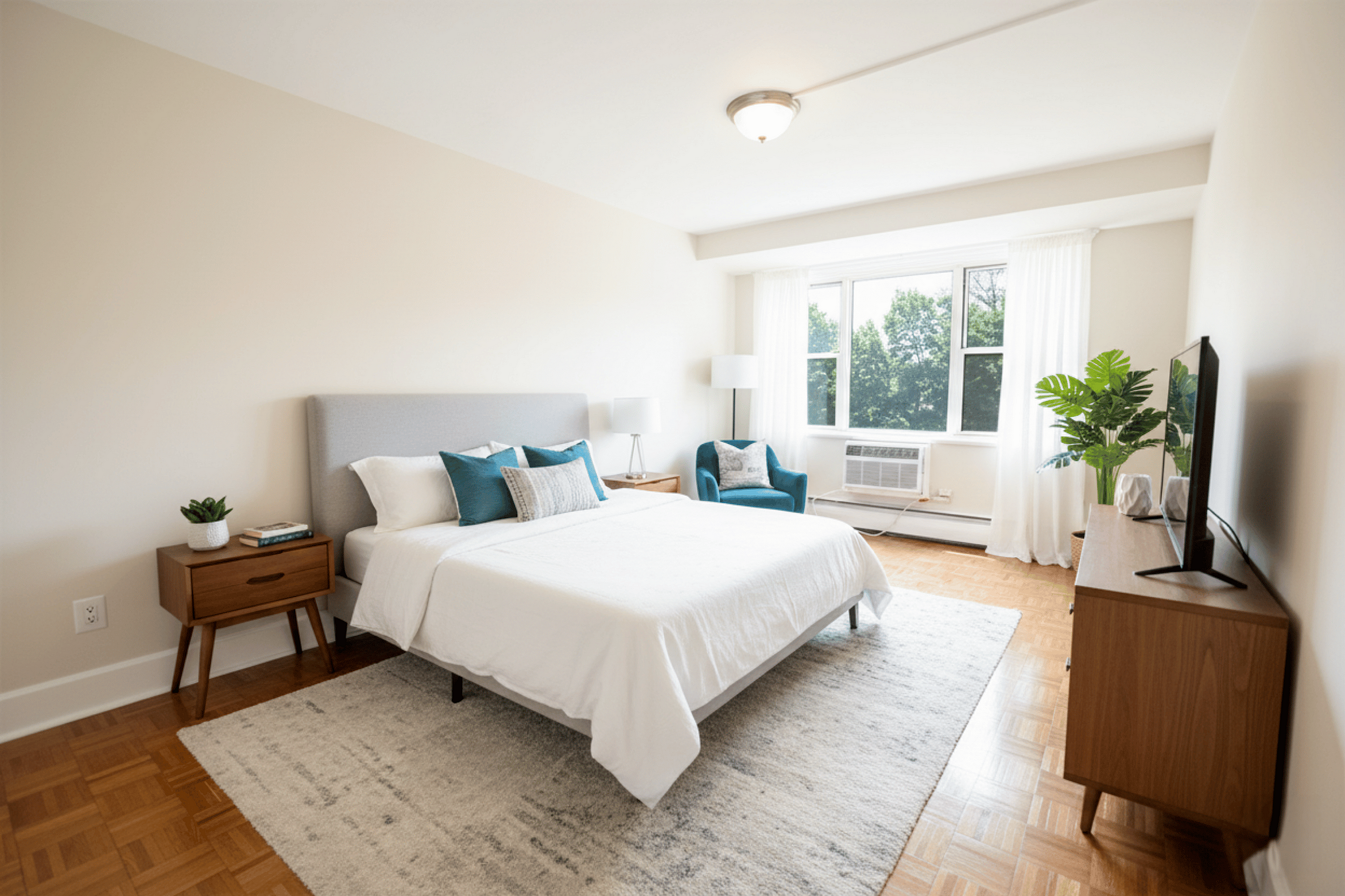 Bright and modern bedroom with stylish decor, featuring a cozy bed, elegant nightstands, and a large window inviting natural light.