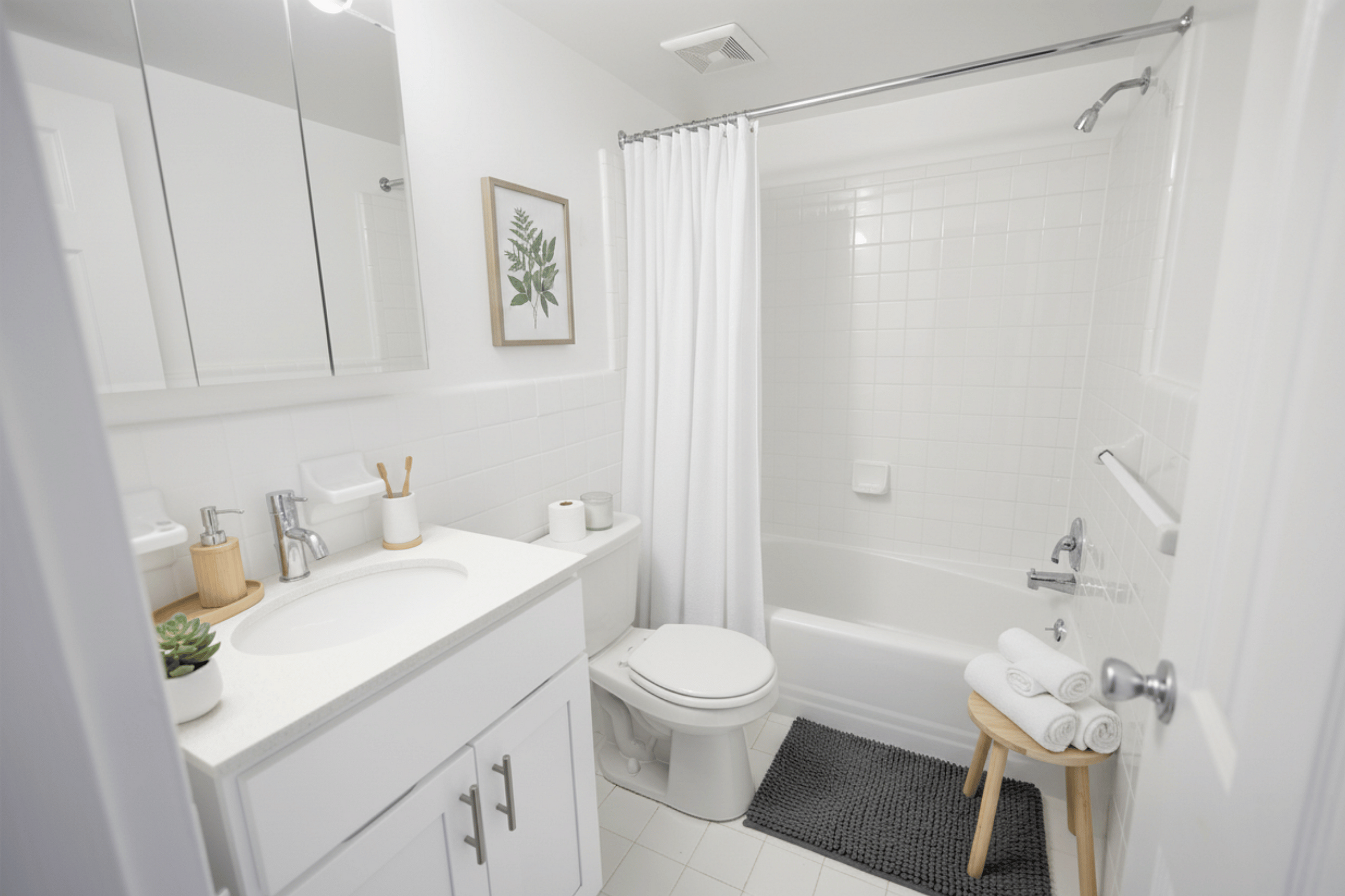 Bright and modern bathroom with sleek fixtures, white cabinetry, and a cozy bathtub exuding contemporary elegance.