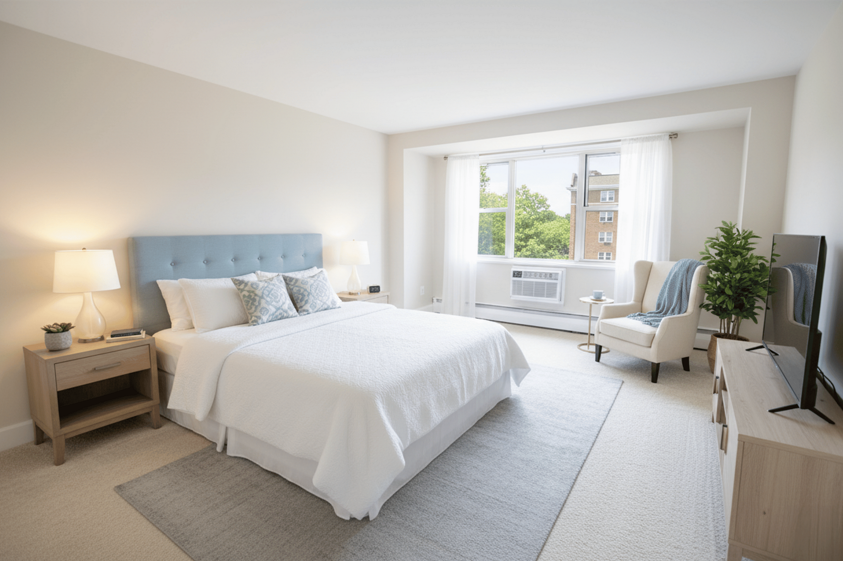 Bright and inviting bedroom with a plush king-sized bed, stylish furnishings, and large window letting in ample natural light.