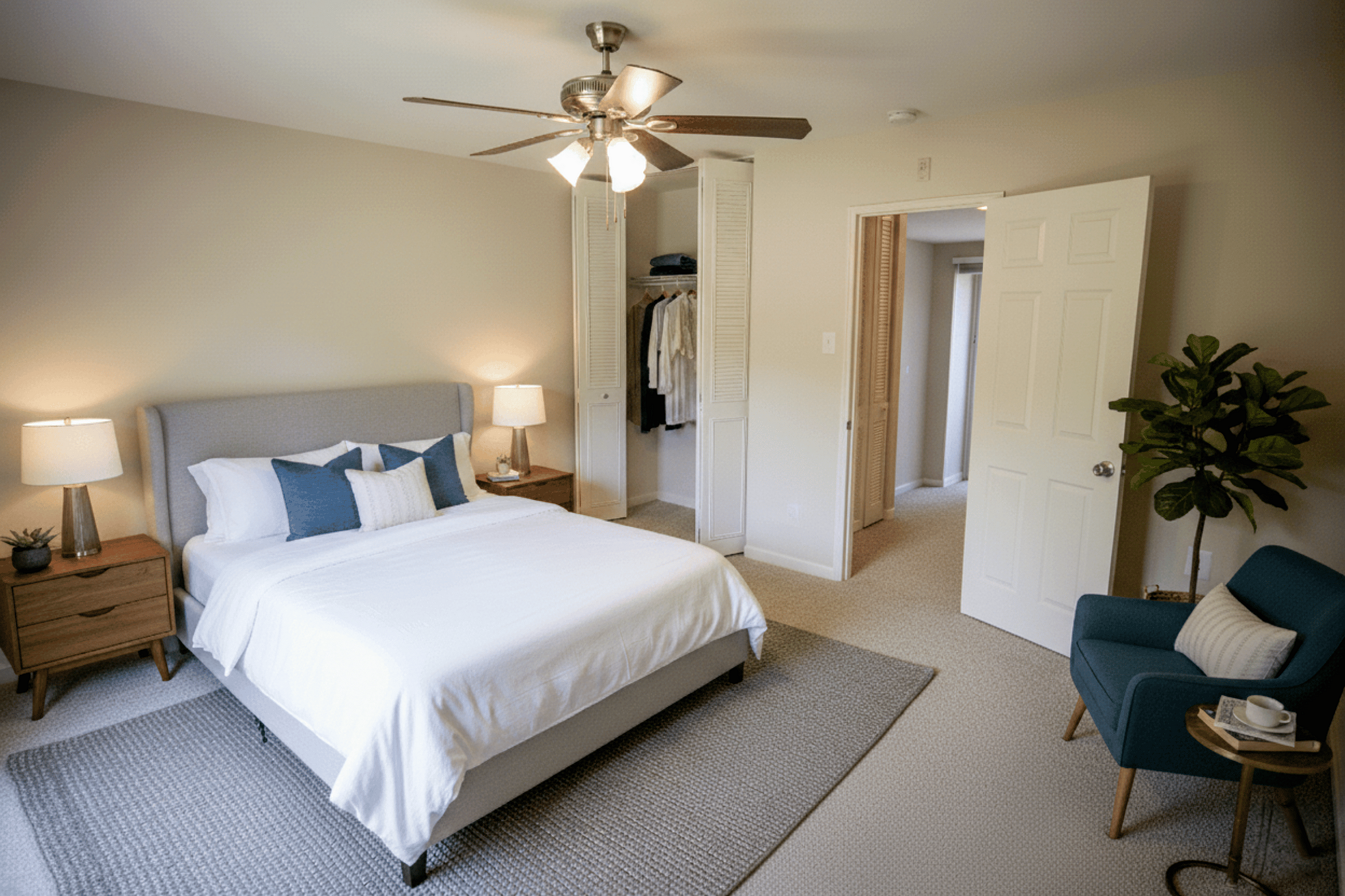 Inviting bedroom with elegant decor, plush bed, and cozy seating area, perfect for relaxation.