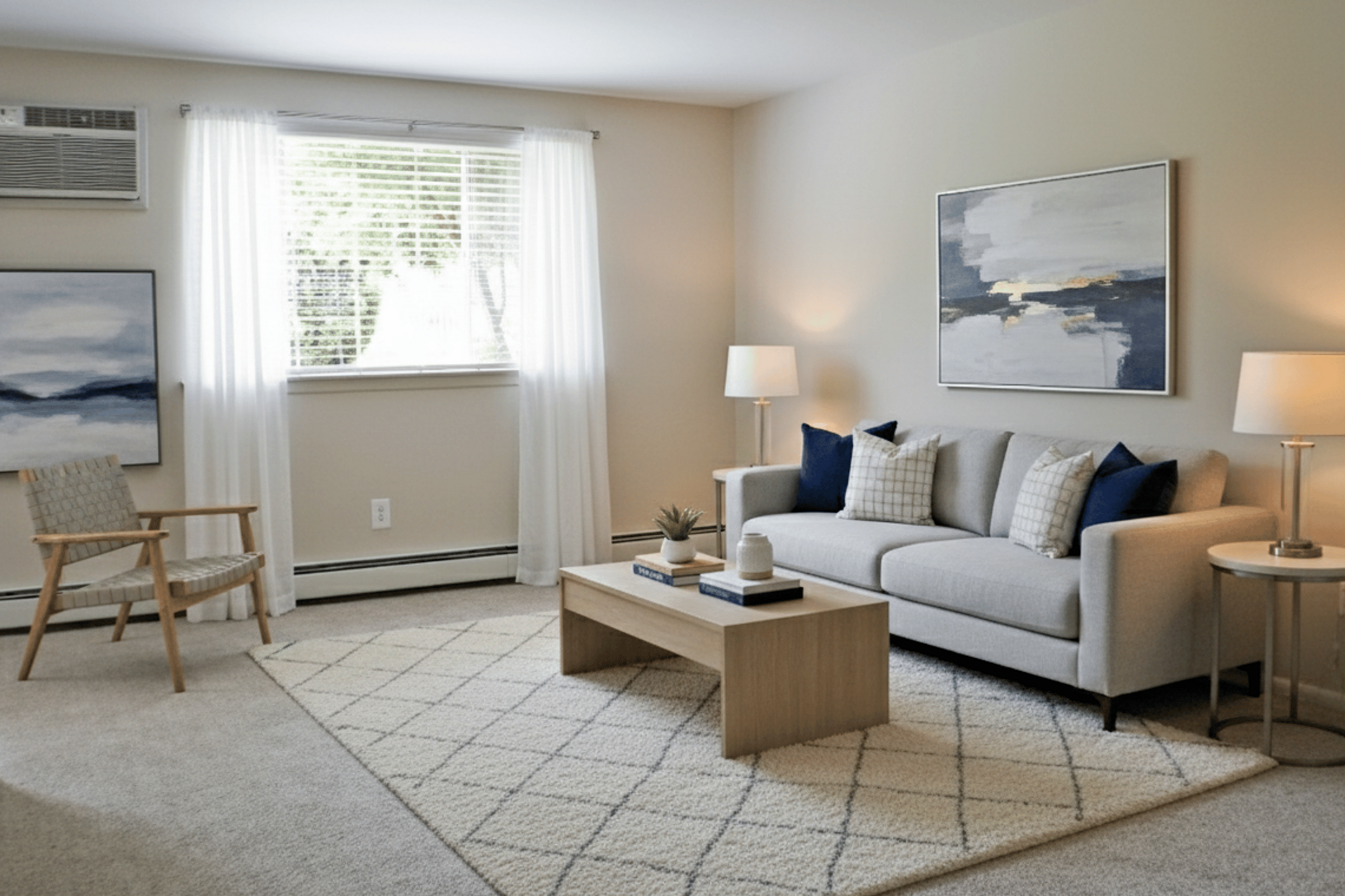 Inviting living room with modern decor, featuring a sleek gray sofa, chic wooden coffee table, and bright natural light streaming through large windows.