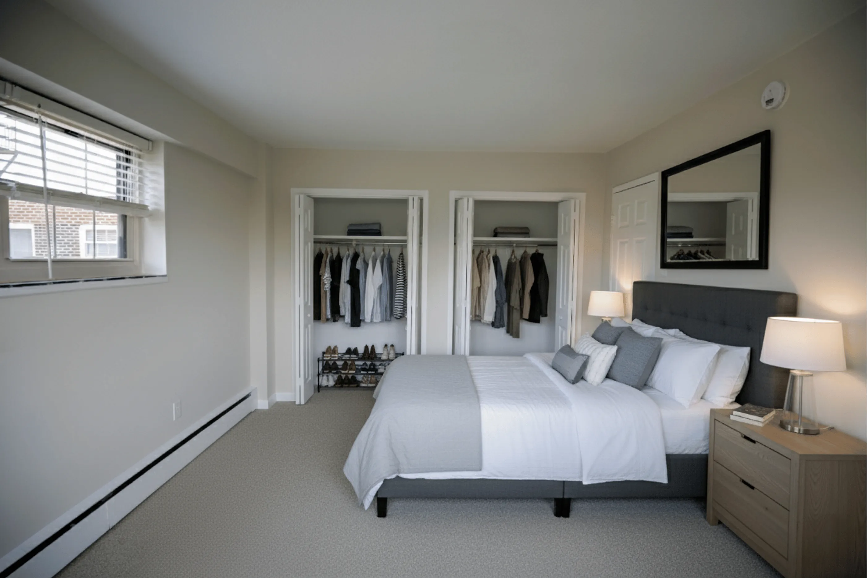 Elegant bedroom with a plush gray bed, stylish dual closets, and soft ambient lighting creating a cozy atmosphere.