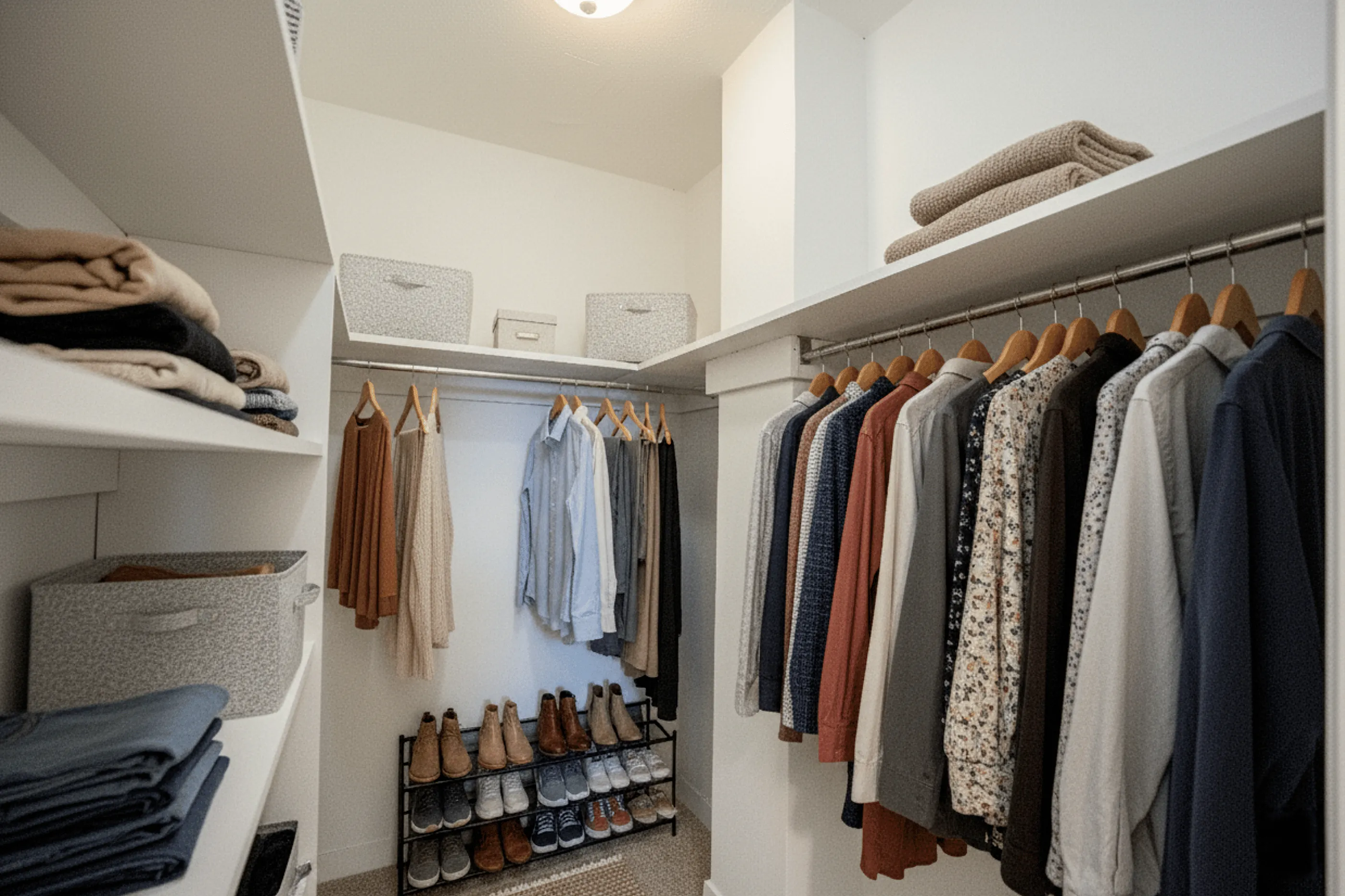 Elegant walk-in closet showcasing organized clothing racks, spacious shelving, and ample shoe storage.