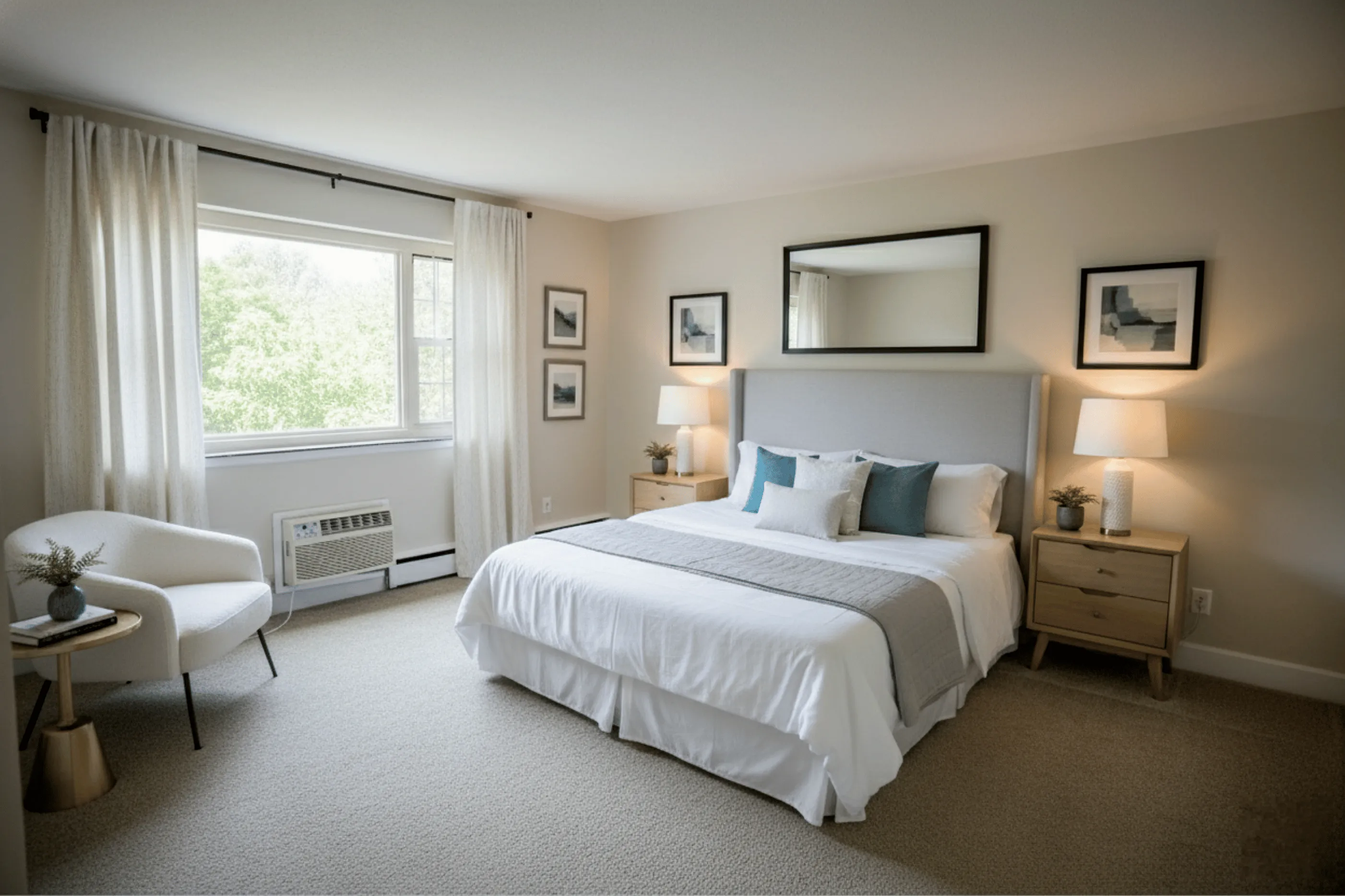Elegant bedroom with a plush king-size bed, large window view, and modern decor in a bright, airy space.