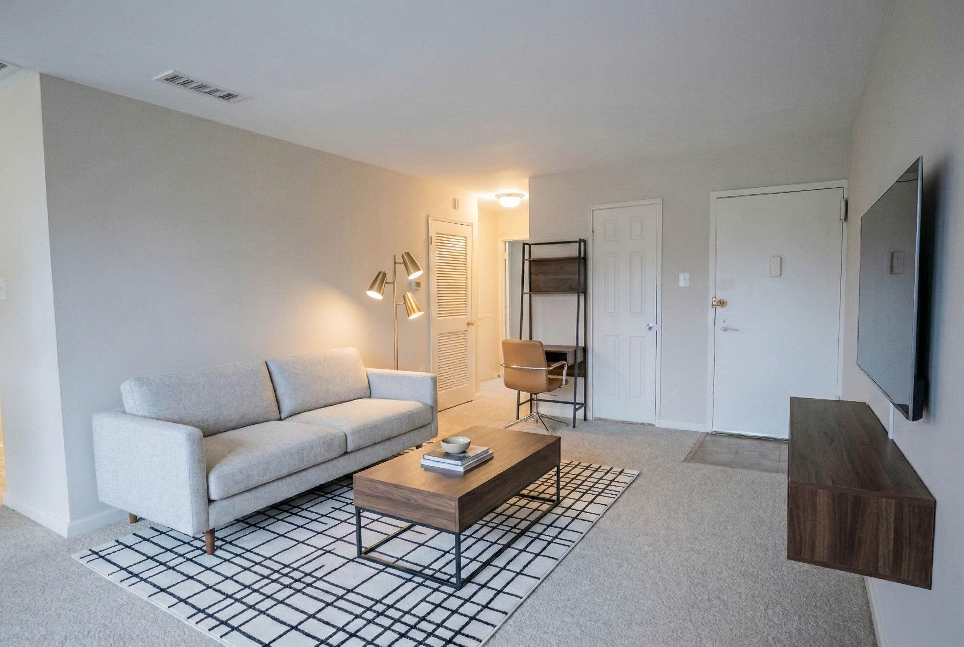 Modern living room featuring a sleek gray sofa, stylish wooden coffee table, and elegant floor lamp on a chic patterned rug.