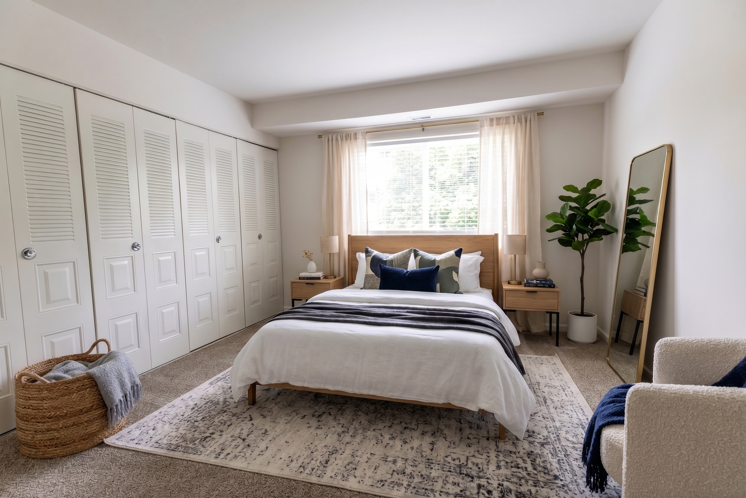Elegant bedroom featuring a cozy bed with plush pillows, stylish furniture, and a large window enhancing natural light.