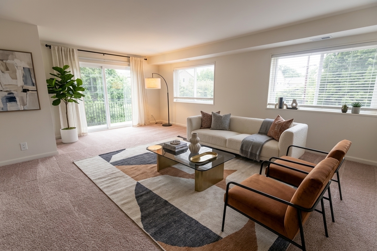 Bright and airy living room with modern furnishings, elegant decor, and large windows offering scenic views.