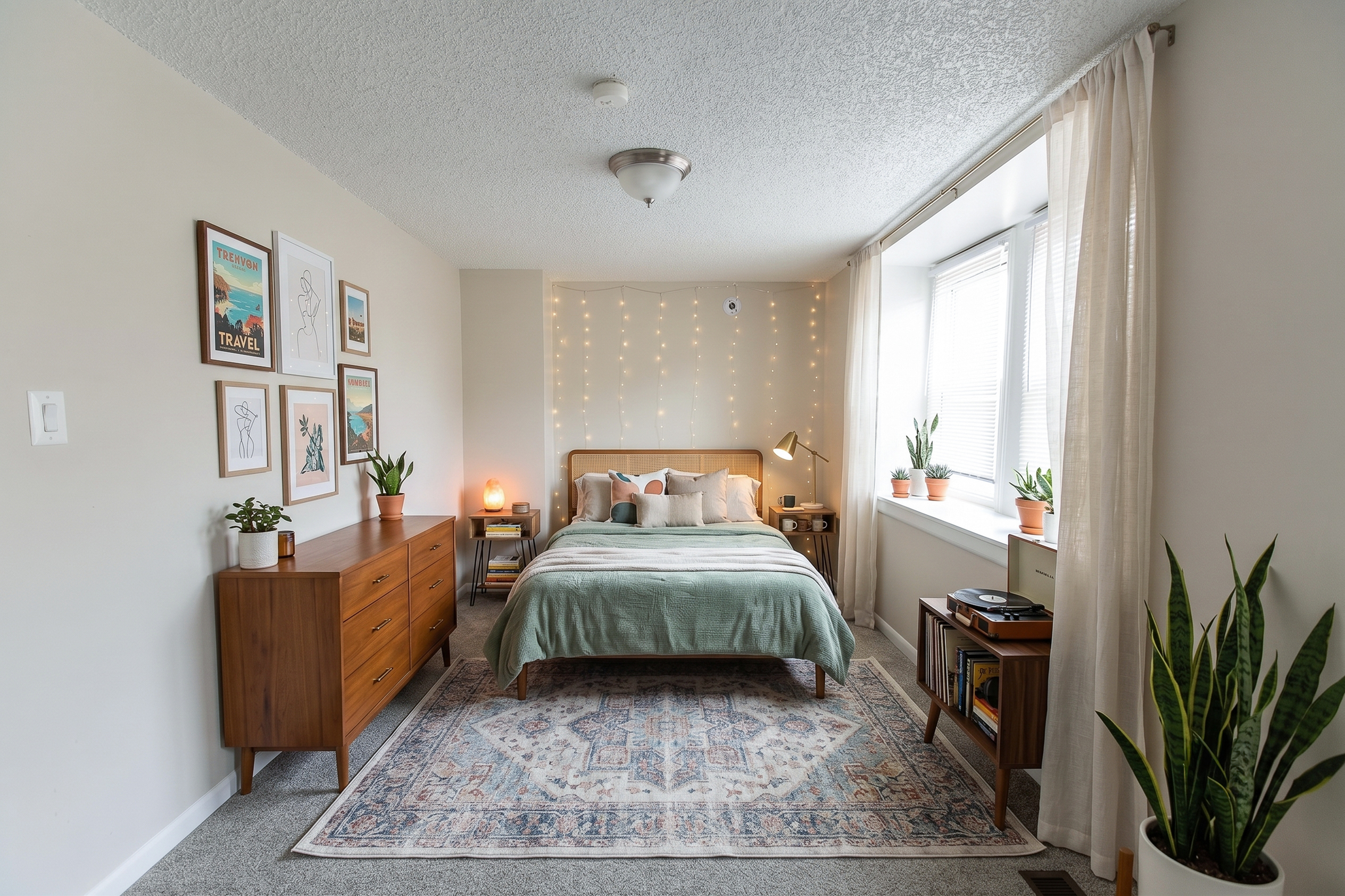 Charming bedroom with a cozy bed, soft lighting, and elegant decor. Features a stylish dresser, indoor plants, and large windows for natural light.