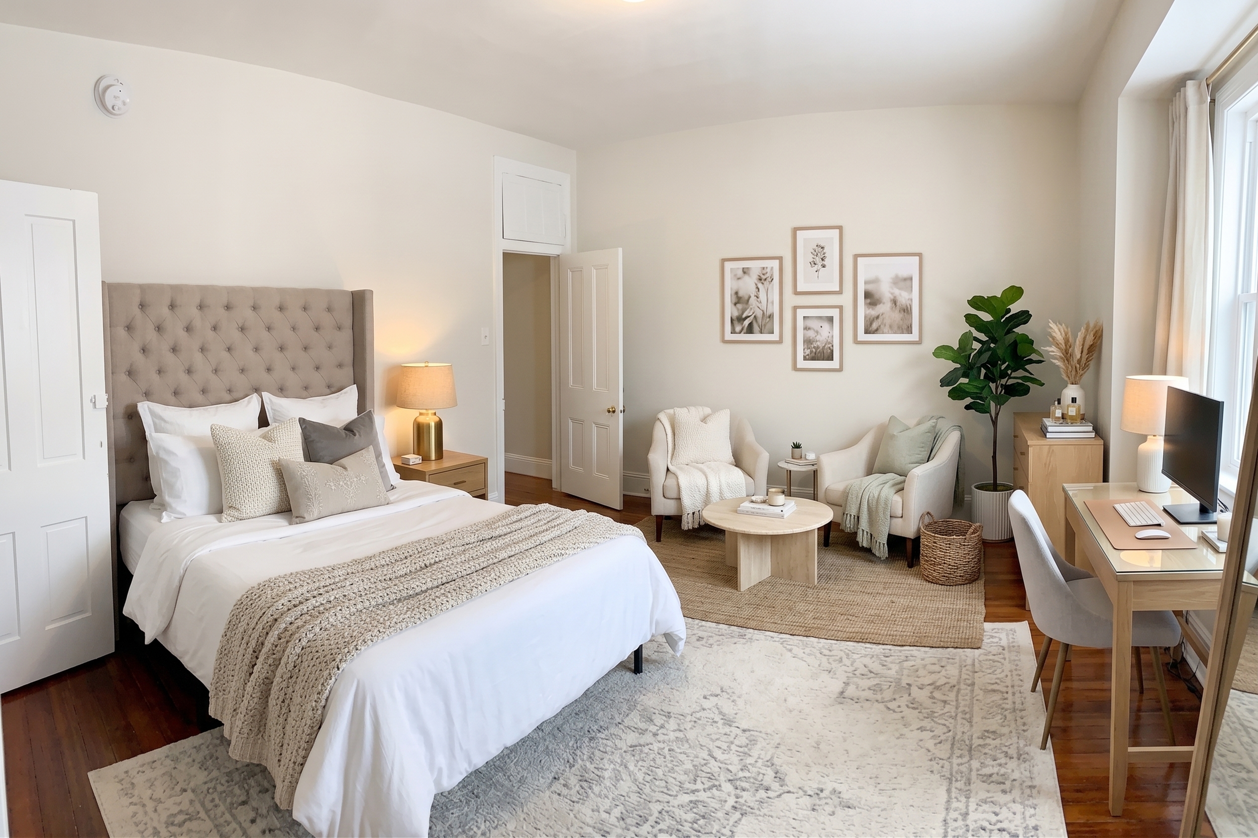 Elegant bedroom showcasing a plush bed with tufted headboard, cozy seating area, and chic workspace, accented by soft lighting and natural decor.