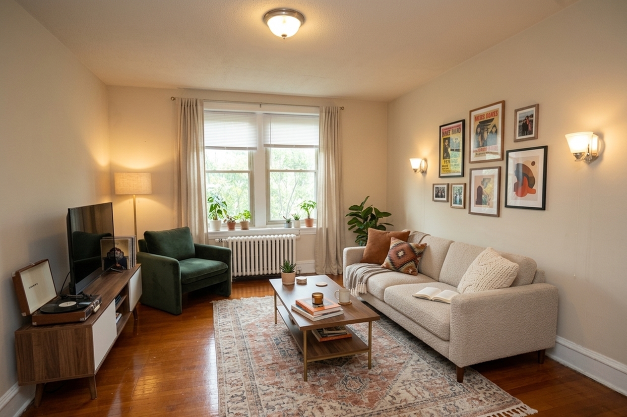 Cozy and stylish living room featuring a comfortable beige sofa, vibrant green armchair, and a modern TV stand. Sunlit space with elegant wall art, indoor plants, and a charming wooden floor.