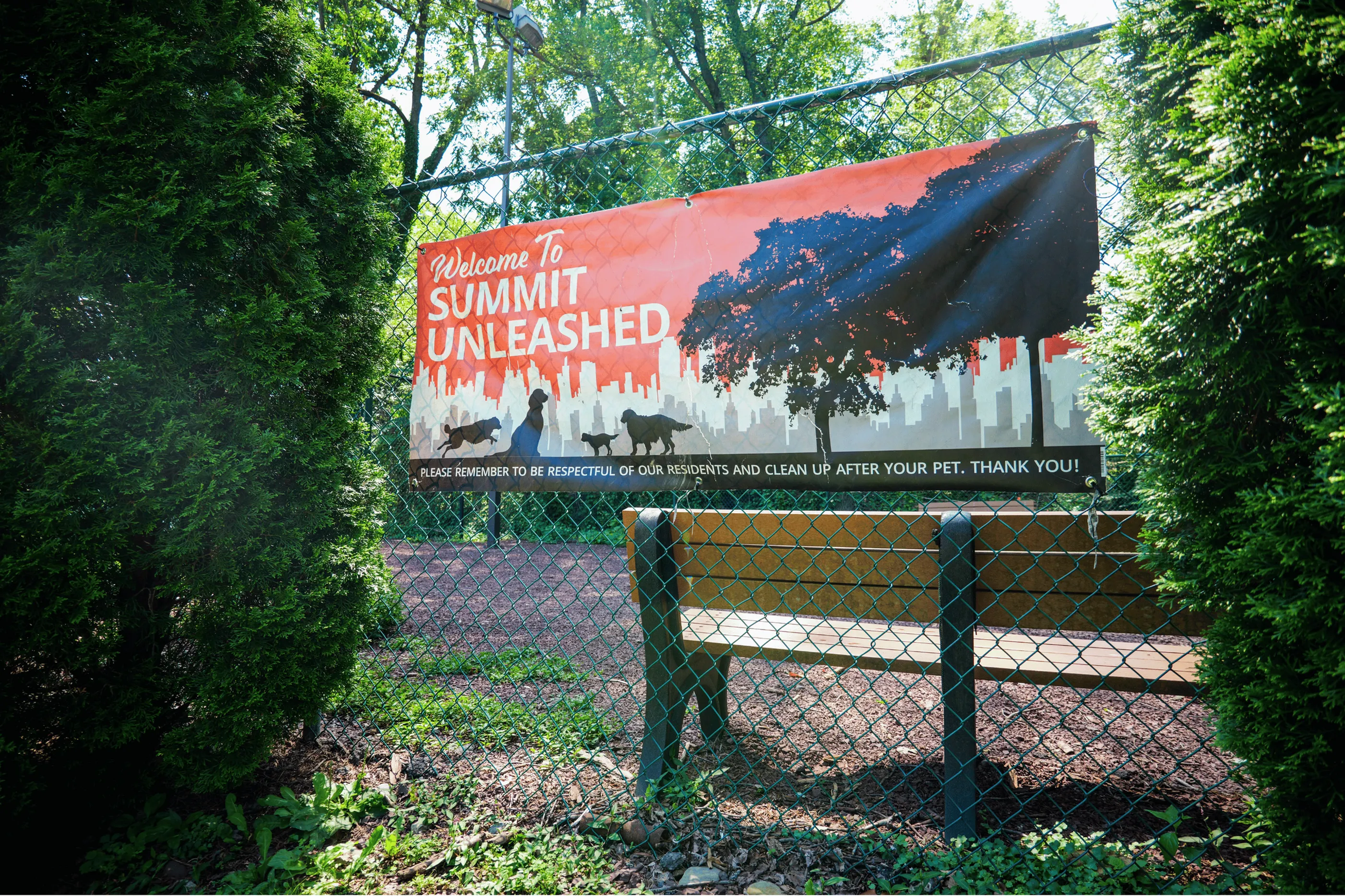 Inviting dog park entrance with welcoming \'Summit Unleashed\' sign, set amid lush greenery and vibrant urban scenery.