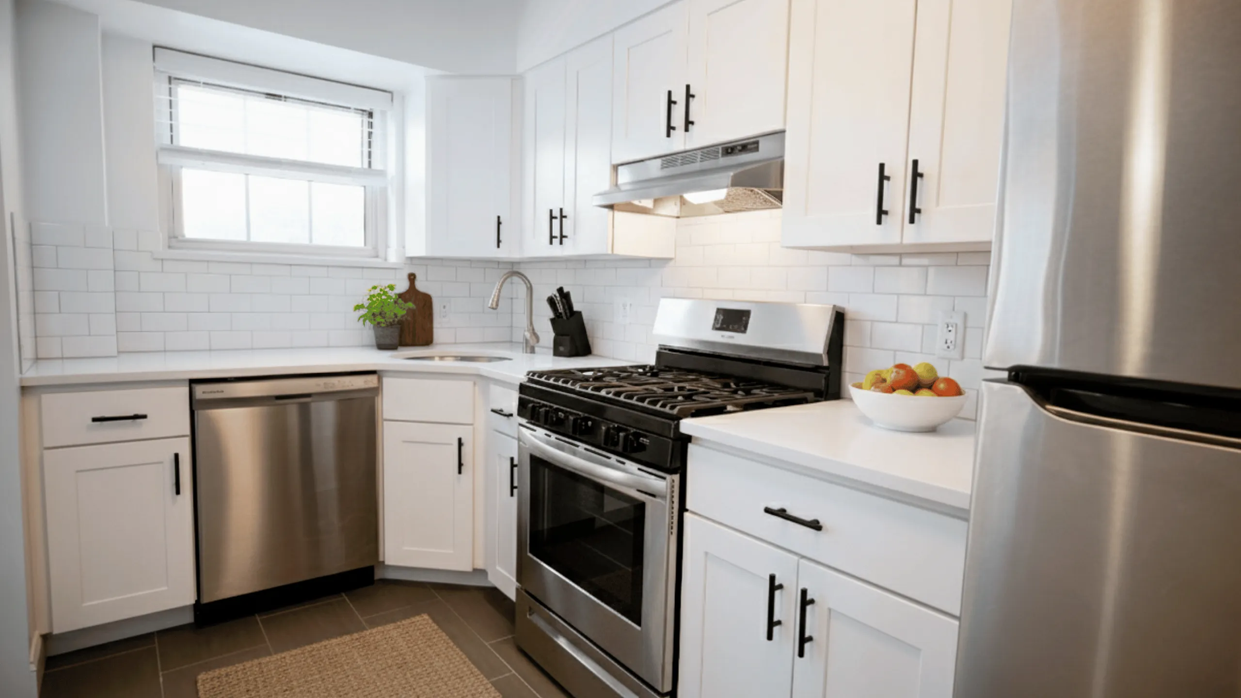 Modern kitchen with sleek stainless steel appliances, elegant white cabinetry, and a cozy window view.