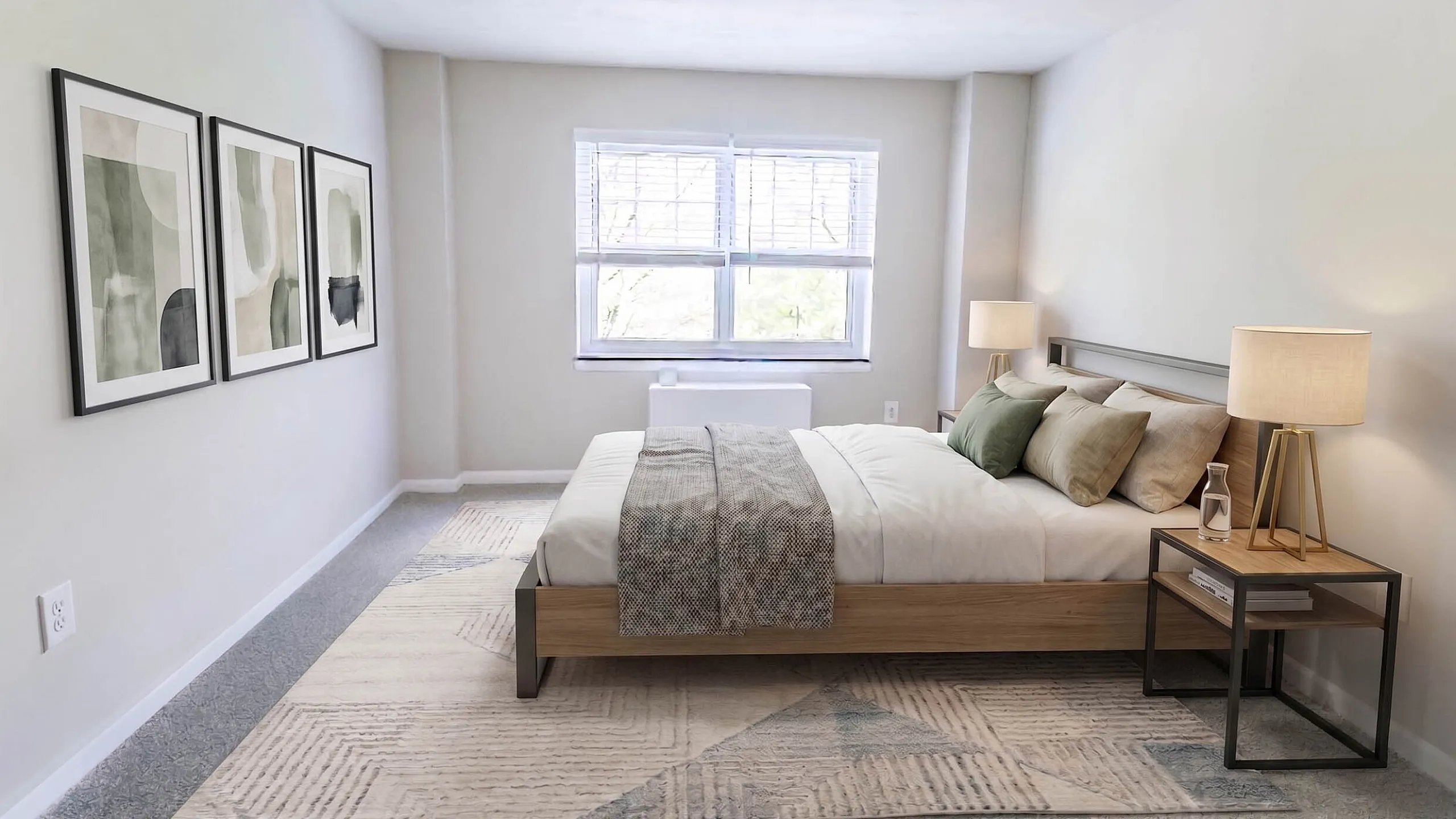 Bright and modern bedroom with large window, elegant decor, and cozy minimalist furnishings.