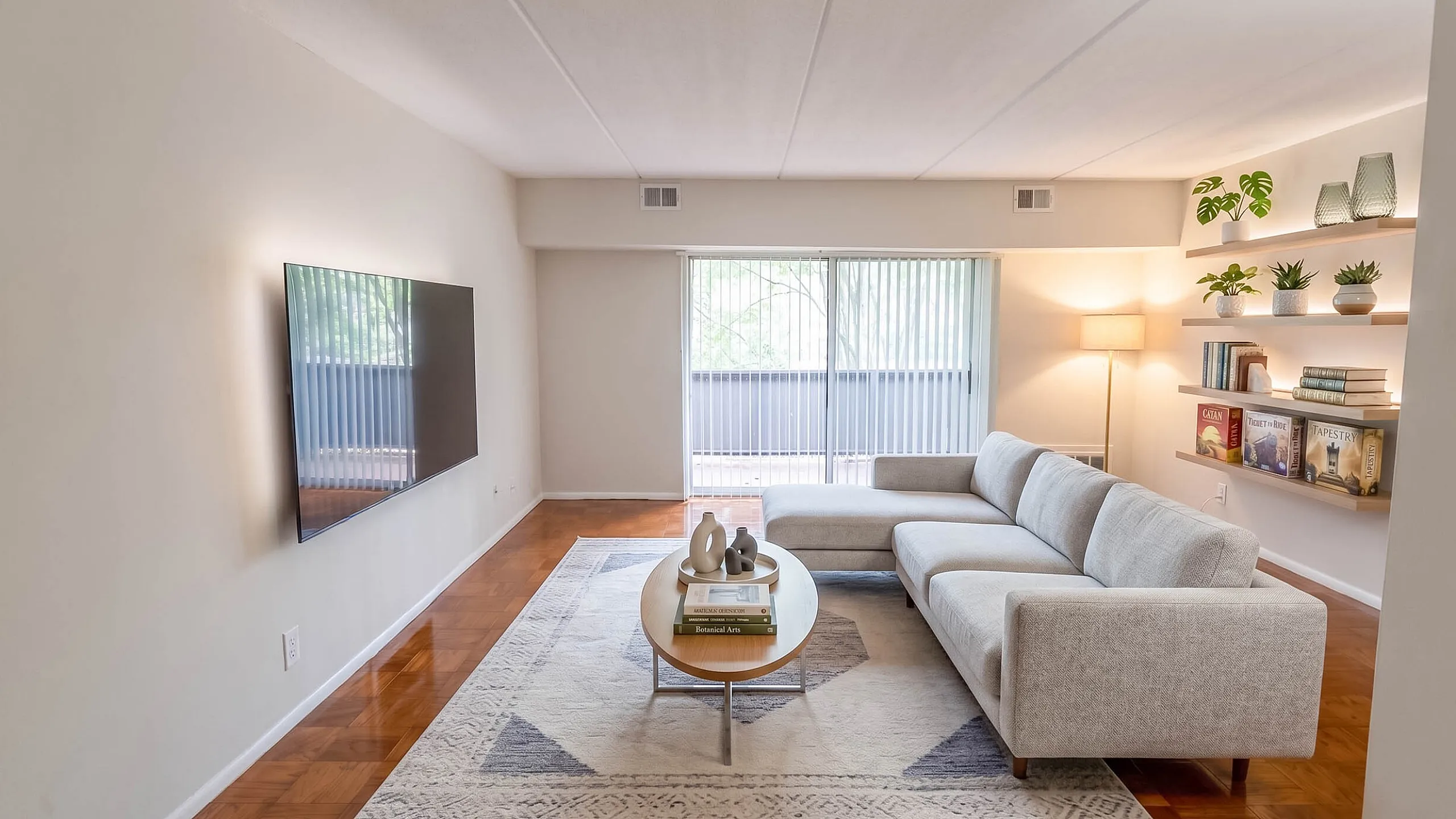 Bright and modern living room with sleek wall-mounted TV, cozy gray sectional sofa, stylish coffee table with decor, and minimalistic shelving with books and plants, complemented by a warm area rug and large window for ample natural light.