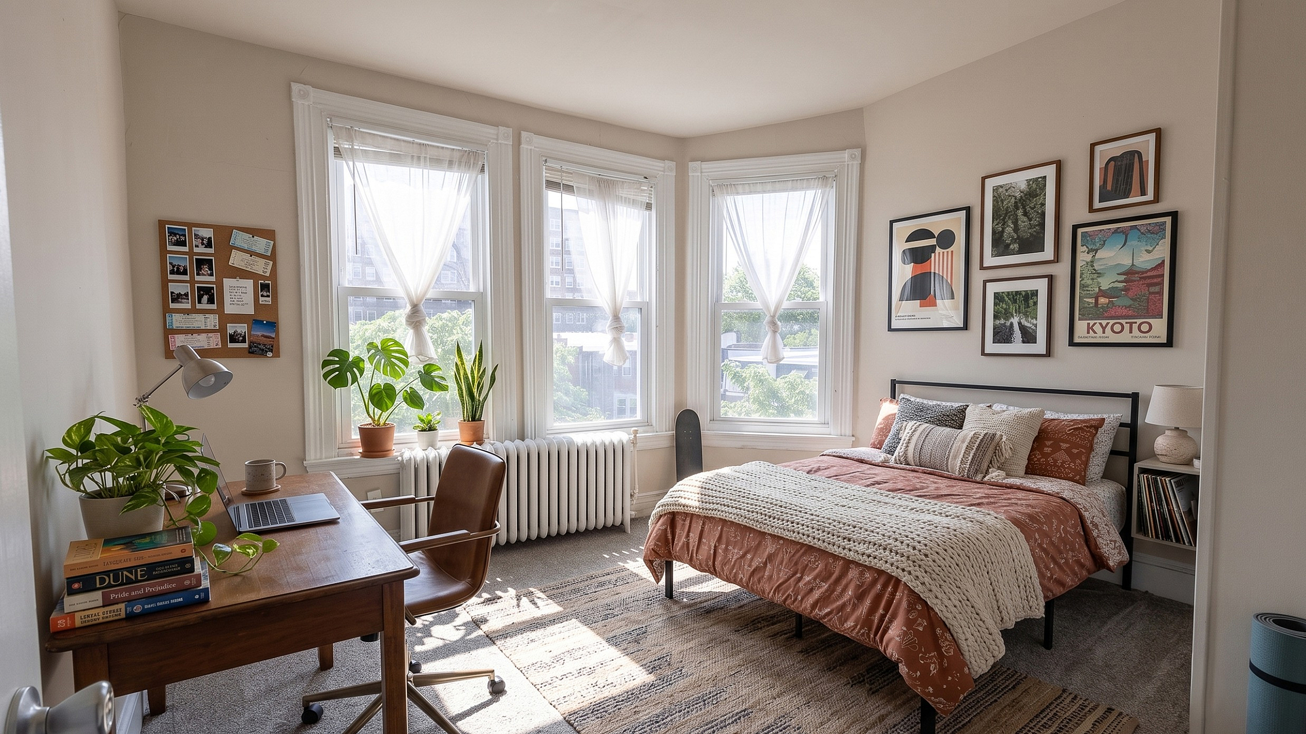 Bright and inviting bedroom with stylish decor, featuring large windows, a cozy bed, and a chic workspace with indoor plants.