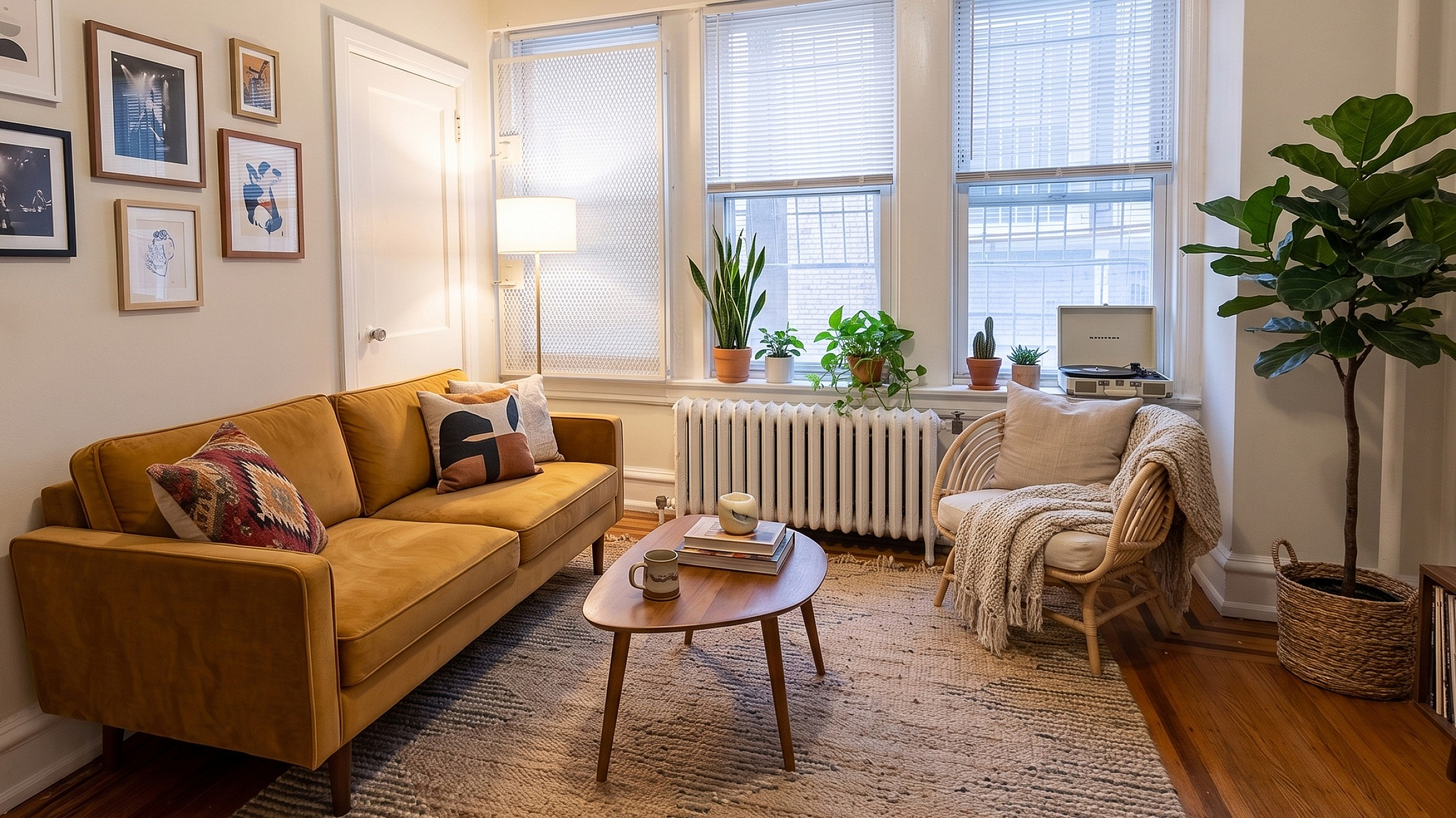 Cozy and stylish living room with a mustard sofa, modern artwork, and lush green plants, offering a warm and inviting atmosphere.