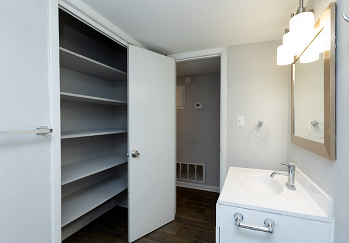 Modern bathroom with sleek white sink, stylish lighting, and spacious built-in closet for ample storage.