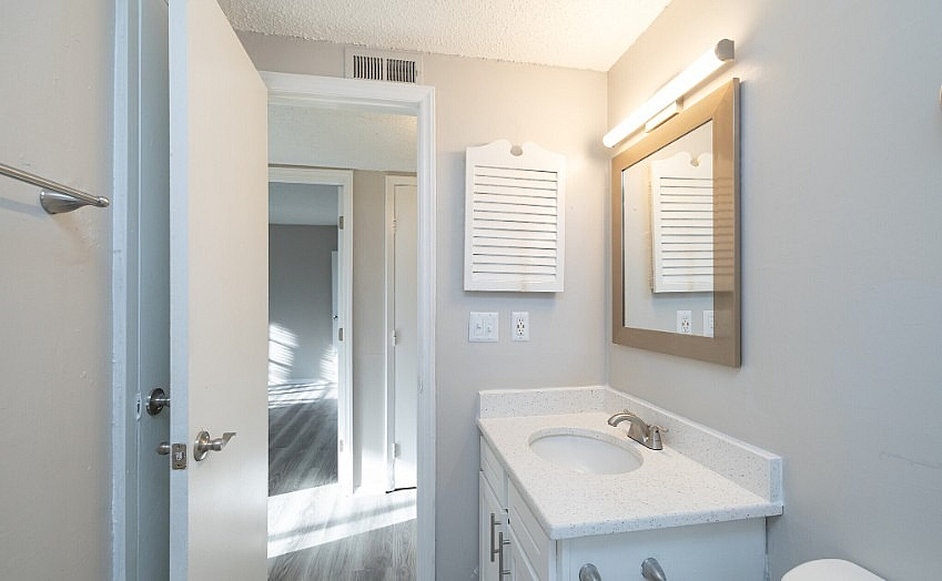 Bright and modern bathroom oasis with sleek countertop and large mirror, leading to a cozy hallway with natural light.