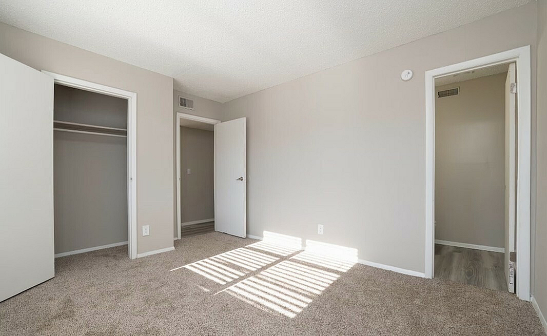Bright and airy bedroom with plush carpeting, open closet space, and fresh neutral walls.