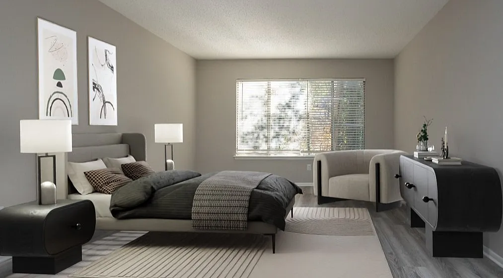 Elegant bedroom with modern decor, featuring a plush bed, stylish armchair, sleek nightstands, and large window for natural light.